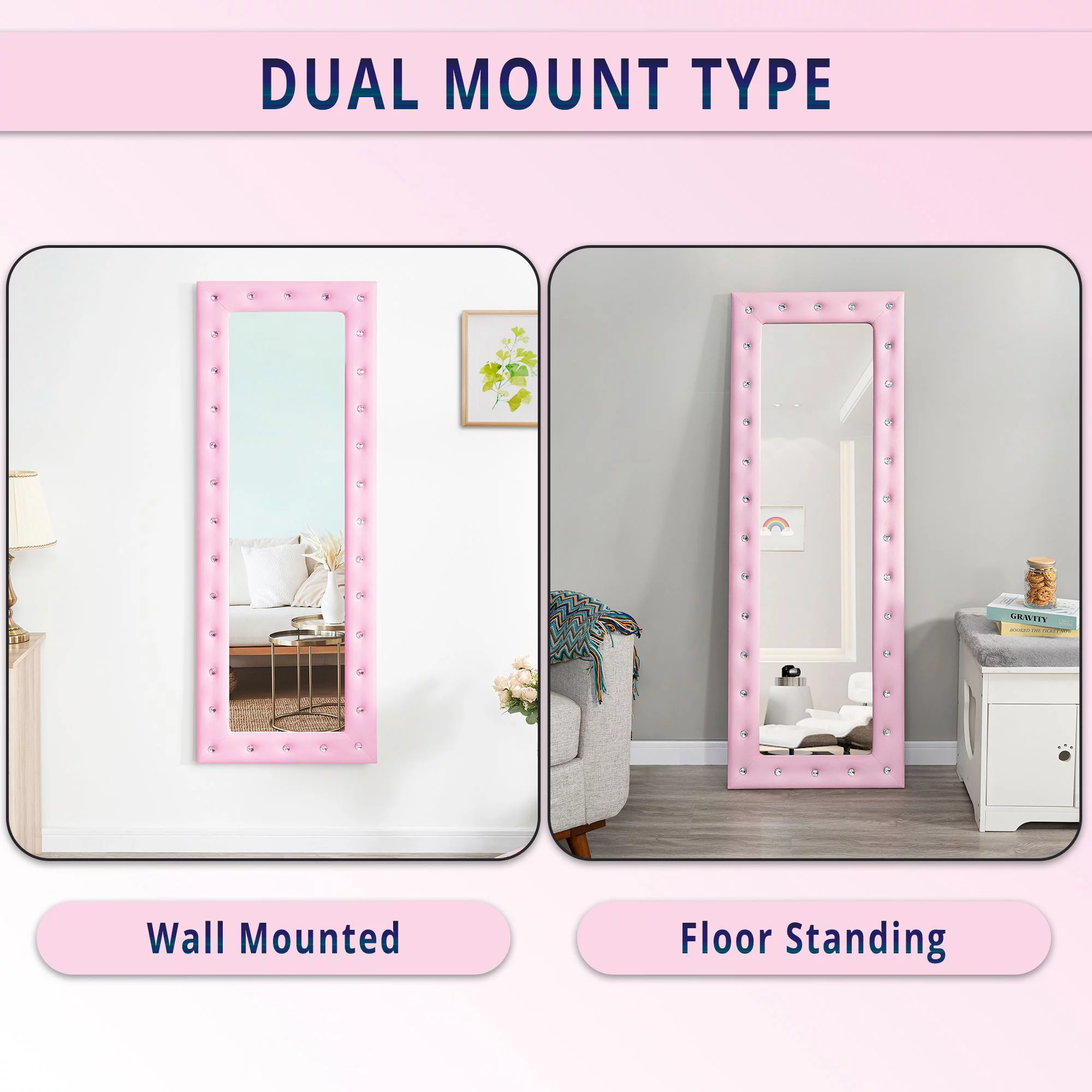 Tall Oversized Full Length Mirror-Color:Pink (Crystal Tufted),Size:63