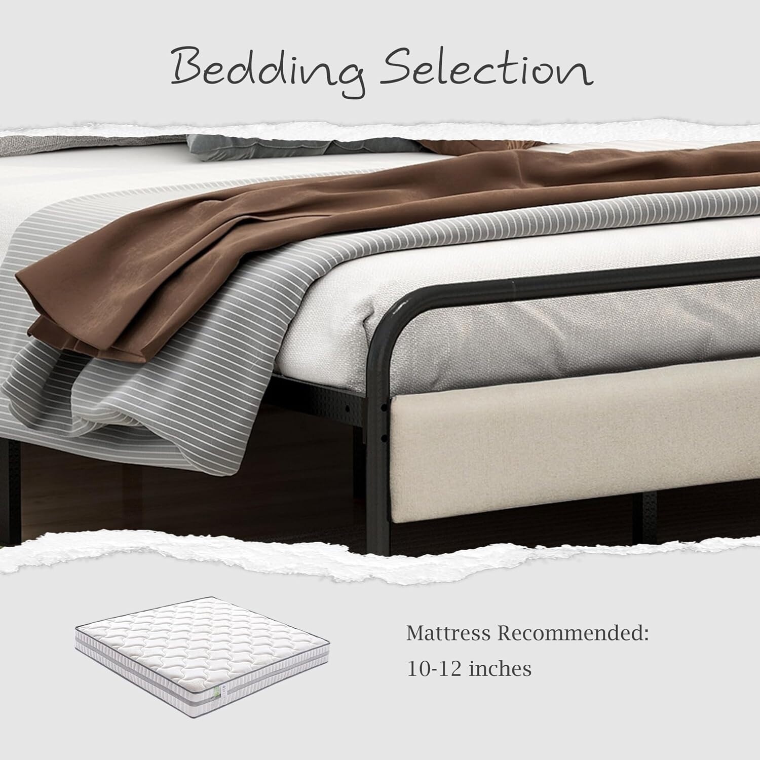 NNV Metal Bed Frame with Curved Upholstered Headboard and Footboard, Strong Metal Slat Support Beige - Full