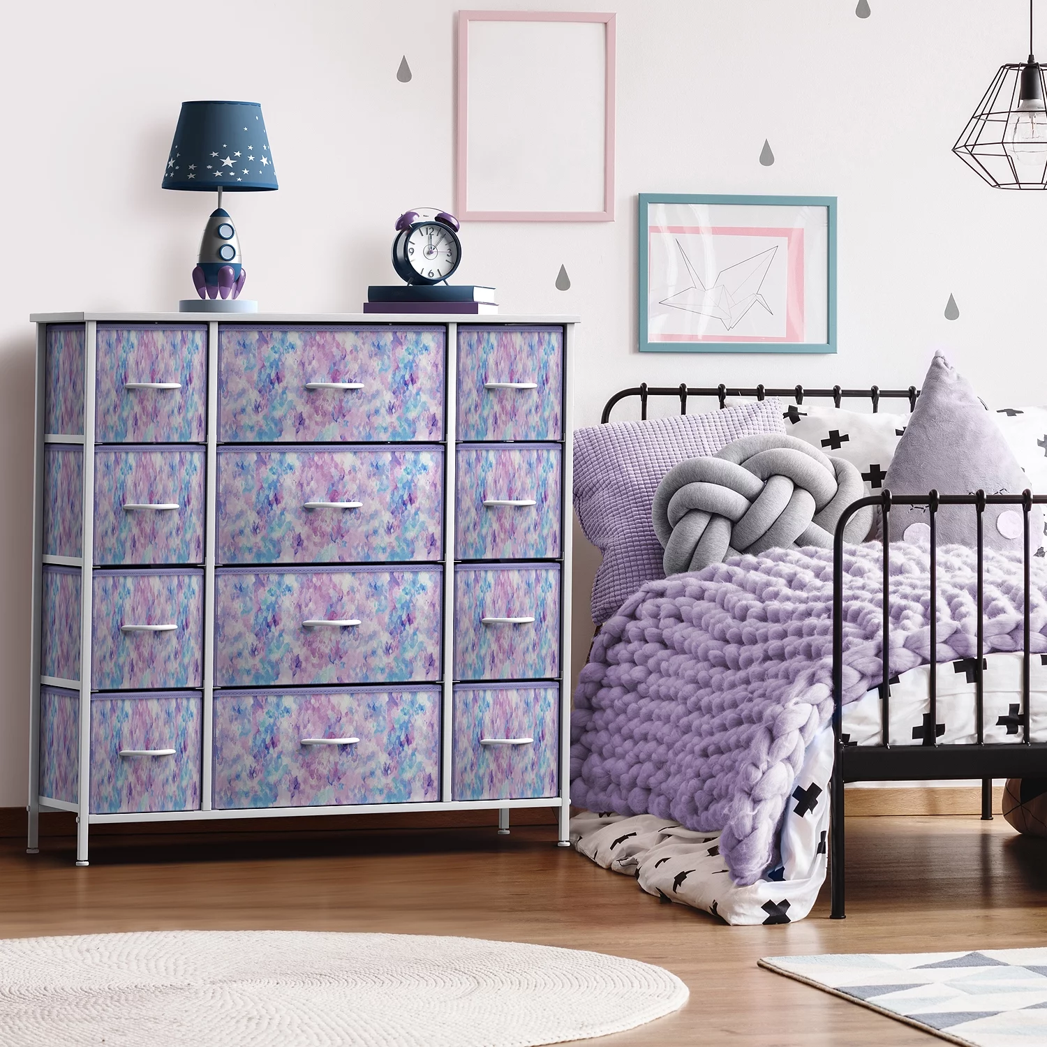Sorbus Fabric Dresser for Kids Bedroom - Large Chest with 12 Drawers, Tie-dye Colors (Purple)