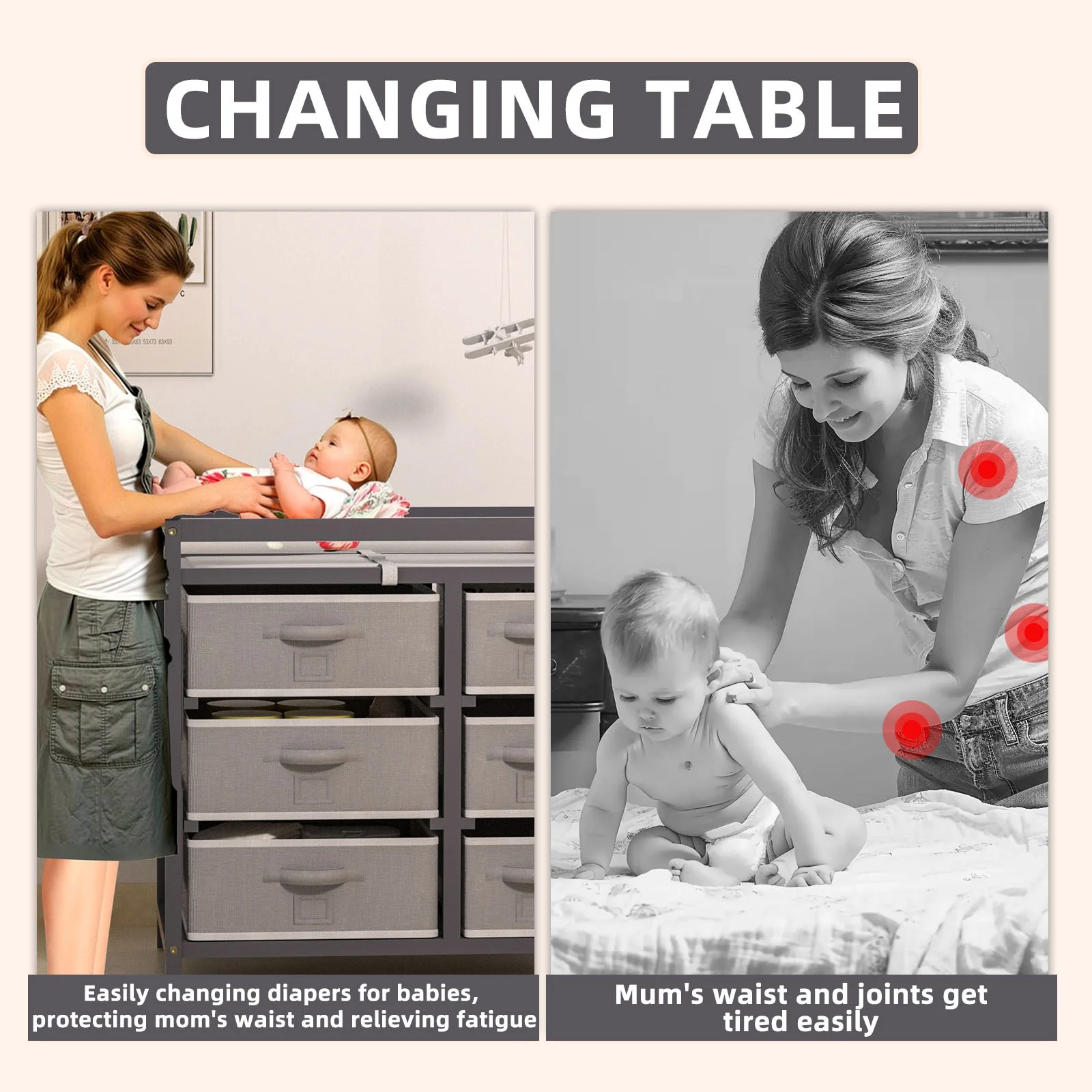 KORIMEFA Baby Changing Table with 6 Storage Baskets, Can be Used as a Changing Table Dresser with Changing Table Top, a Baby Changing Station, Diaper Changing Station (Gray)