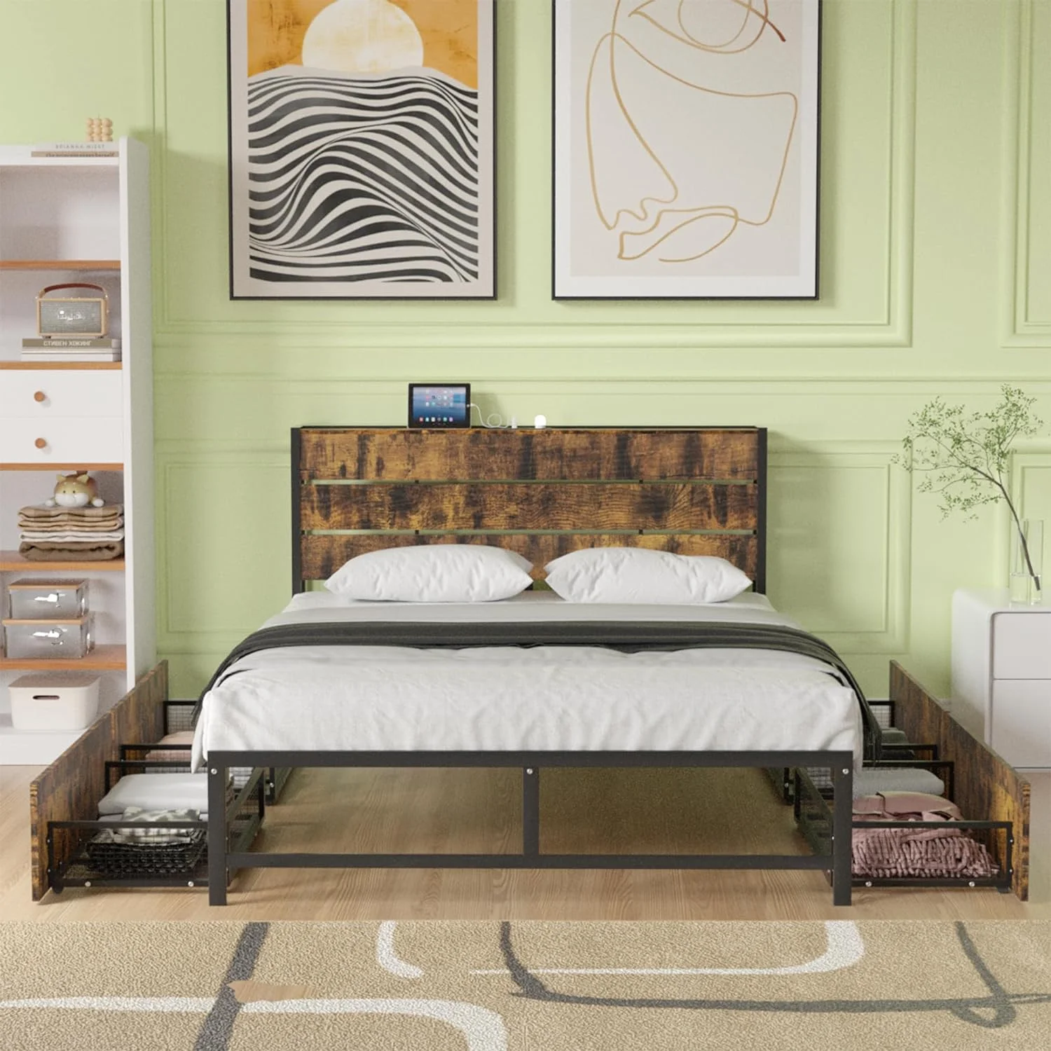 Metal And Wood Full Size Platform Bed Frame With Headboard And Footboard, Metal Bed With Sockets And USB Ports