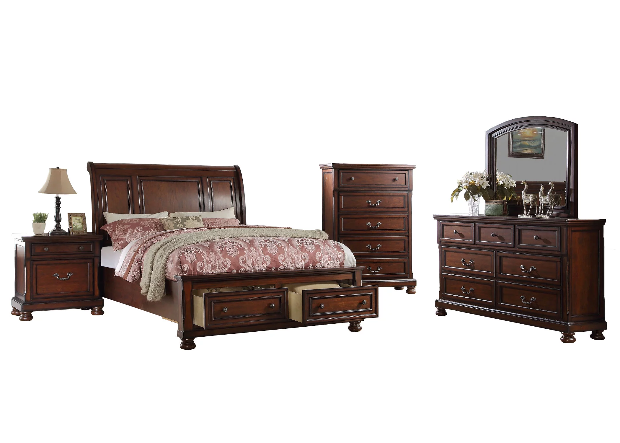 Traditional Cherry Veneer 6pc Bedroom Furniture Eastern King Size Bed Storage FB Dresser Mirror 2x Nightstands Chest