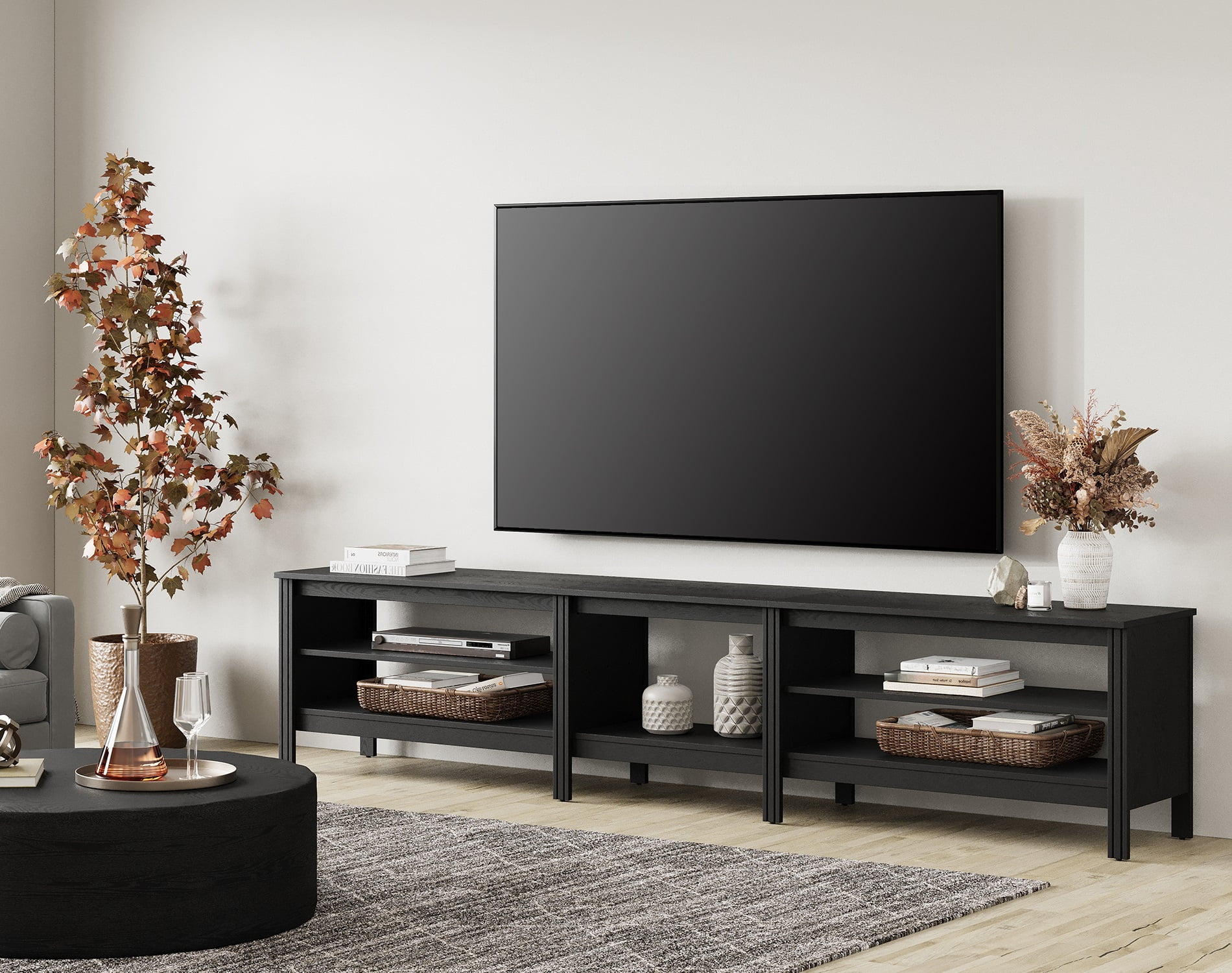 TV Stand for 85 inches Flat Screen, Wood Media Console Storage Cabinet Entertainment Center with 6 Open Shelves, 95 inch, Black