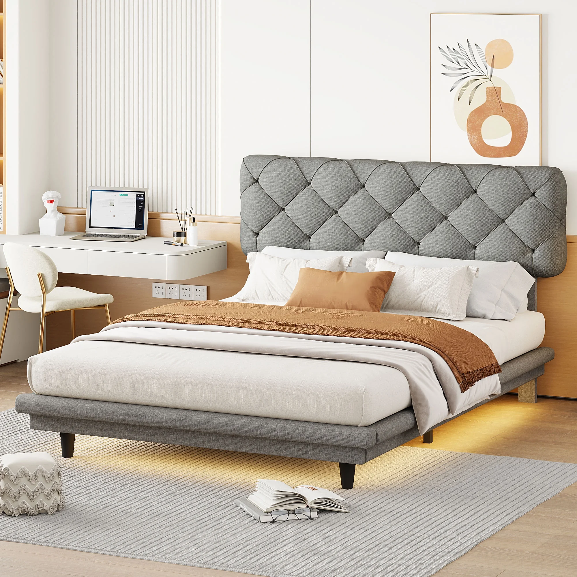 CoSoTower Full Size Upholstered Bed with Light Stripe, Floating Platform Bed, Linen Fabric,Gray