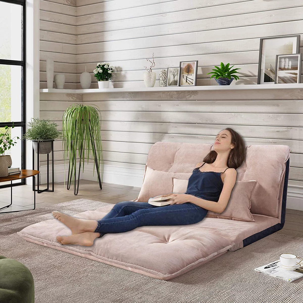 ZPL Lazy Sofa Bed with 2 Pillows, Folding Floor Chaise Lounge Sofa Chair Loveseat Recliner with Adjustable Position or Reading Living Room Bedroom