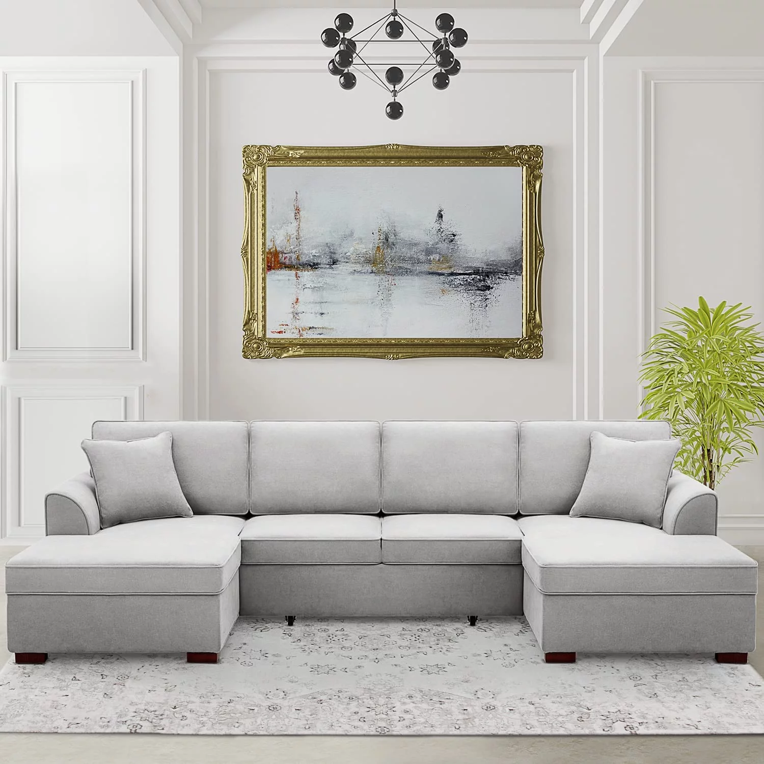 Richryce Symmetrical Sofa & Chaise with Pull-Out Bed, Convertible Couch Modular Sectional Sofa with Storage, Upholstered U-Shape Sofa with High Rebound Sponge, Light Gray