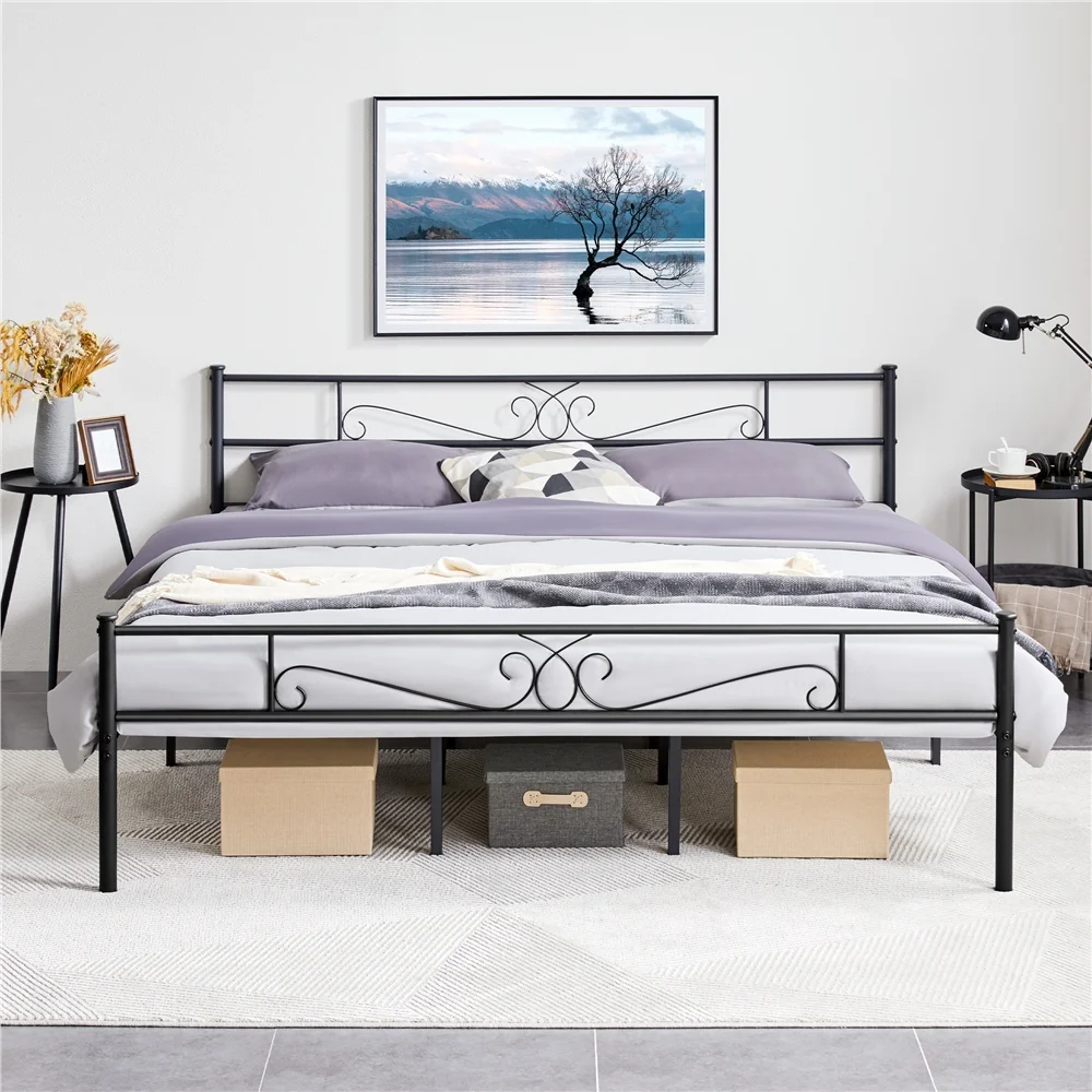 Yaheetech Graceful Scroll Platform Bed with Headboard and Footboard,California king, Black