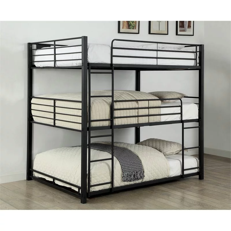 Pemberly Row Modern Metal Full Triple Bunk Bed in Sand Black