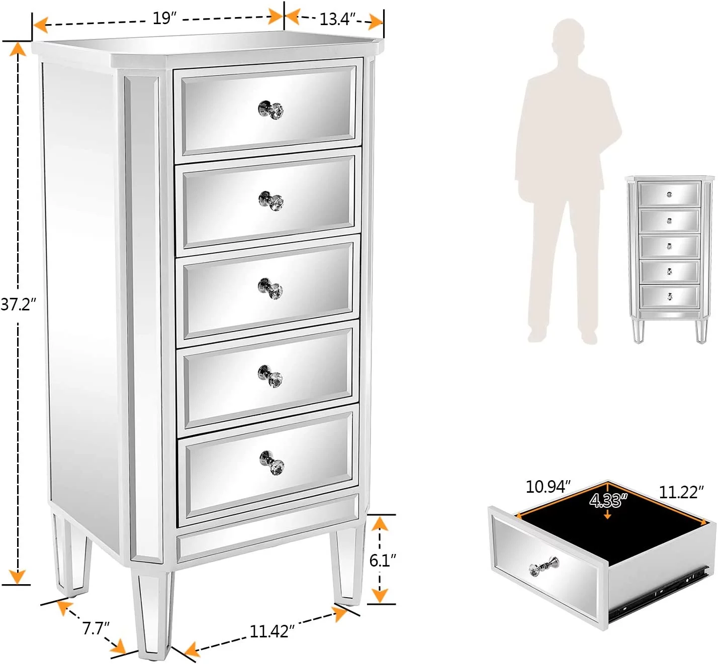 Mirrored Dresser 5 Drawers Modern Chest for Bedroom, Dressing Room, Living Room