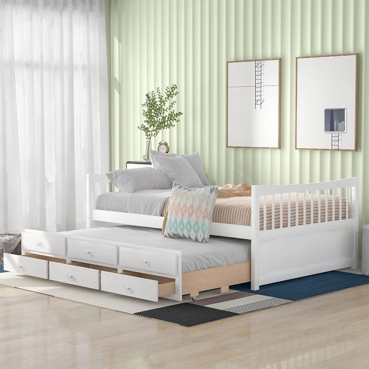 Full Size Daybed With Size Trundle And Drawers, Wood Bed Frame With Headboard And Footboard, Wooden Daybed For Kids Adults Bedroom, White