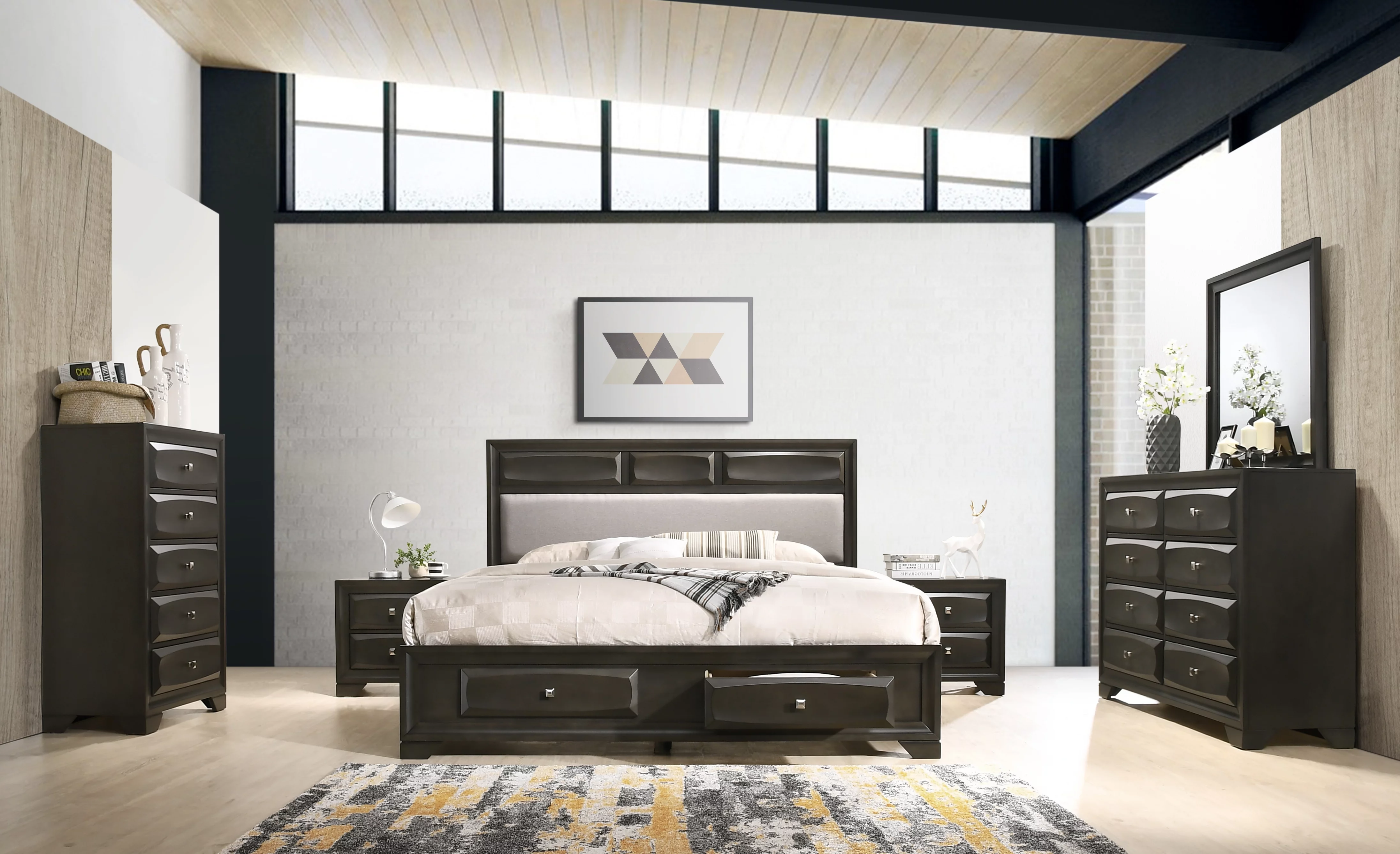Oakland Wood Bedroom Set with Storage Bed, Dresser, Mirror, 2 Nightstands, Chest, Antique Gray Finish, Queen Size