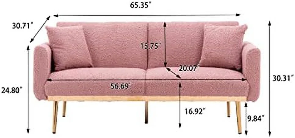 RUNFAYBIU Convertible Futon Sofa Bed  Teddy Upholstered Folding Sleeper Sofa with Adjustable Backrest and 2 Pillows  Button Tufted Loveseat Sofa Couch with Metal Legs for Living Room Bedr