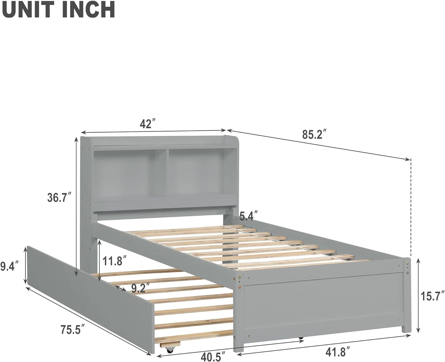 YGDU Twin Bed with Trundle and Storage Drawers Wood Captain’s Bed Frame with Bookcase Headboard and Slat Support for Kids Boys Girls Teens, Twin Size, Grey