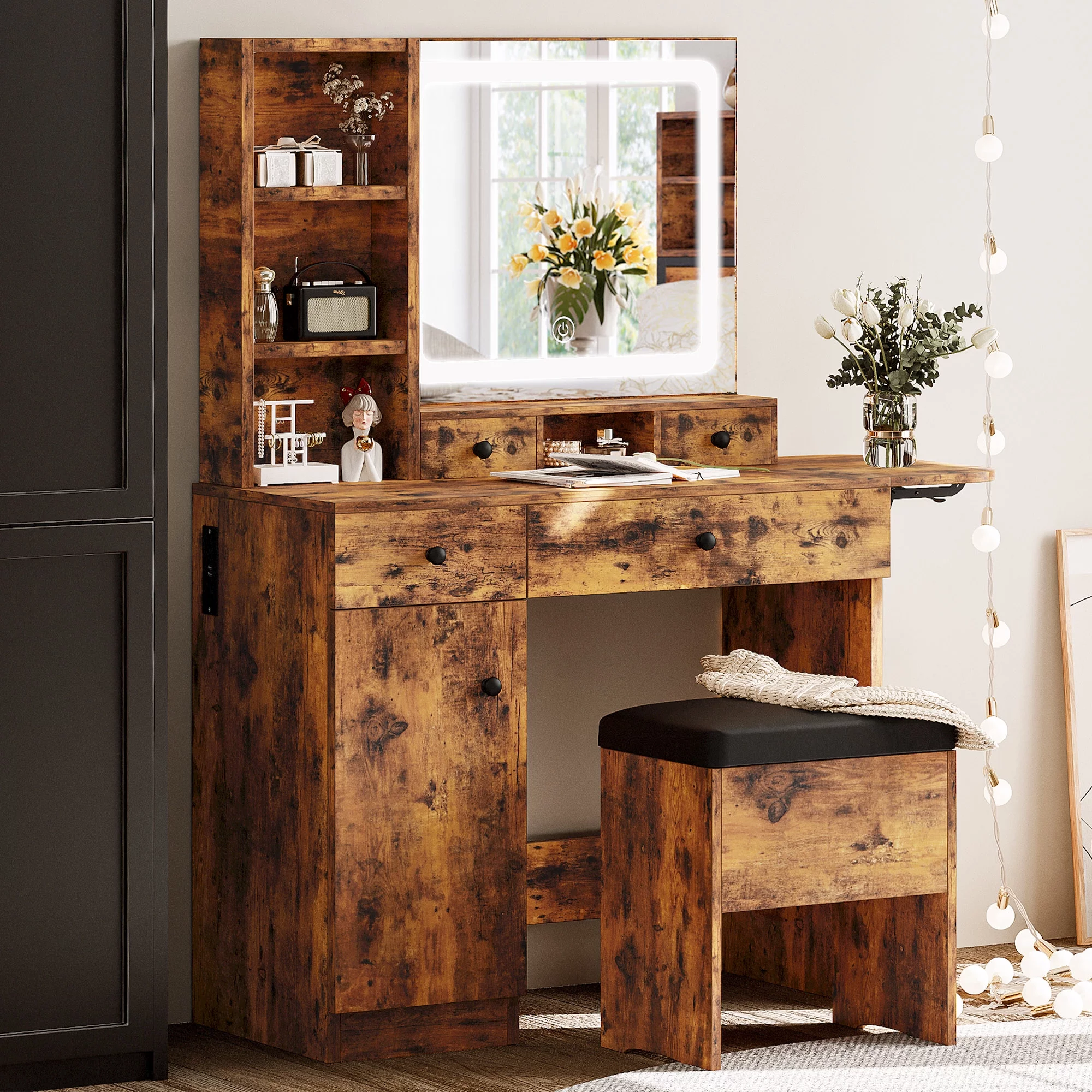 LIKIMIO Vanity Desk with Drawers Makeup Table for Bedroom, Vintage Brown