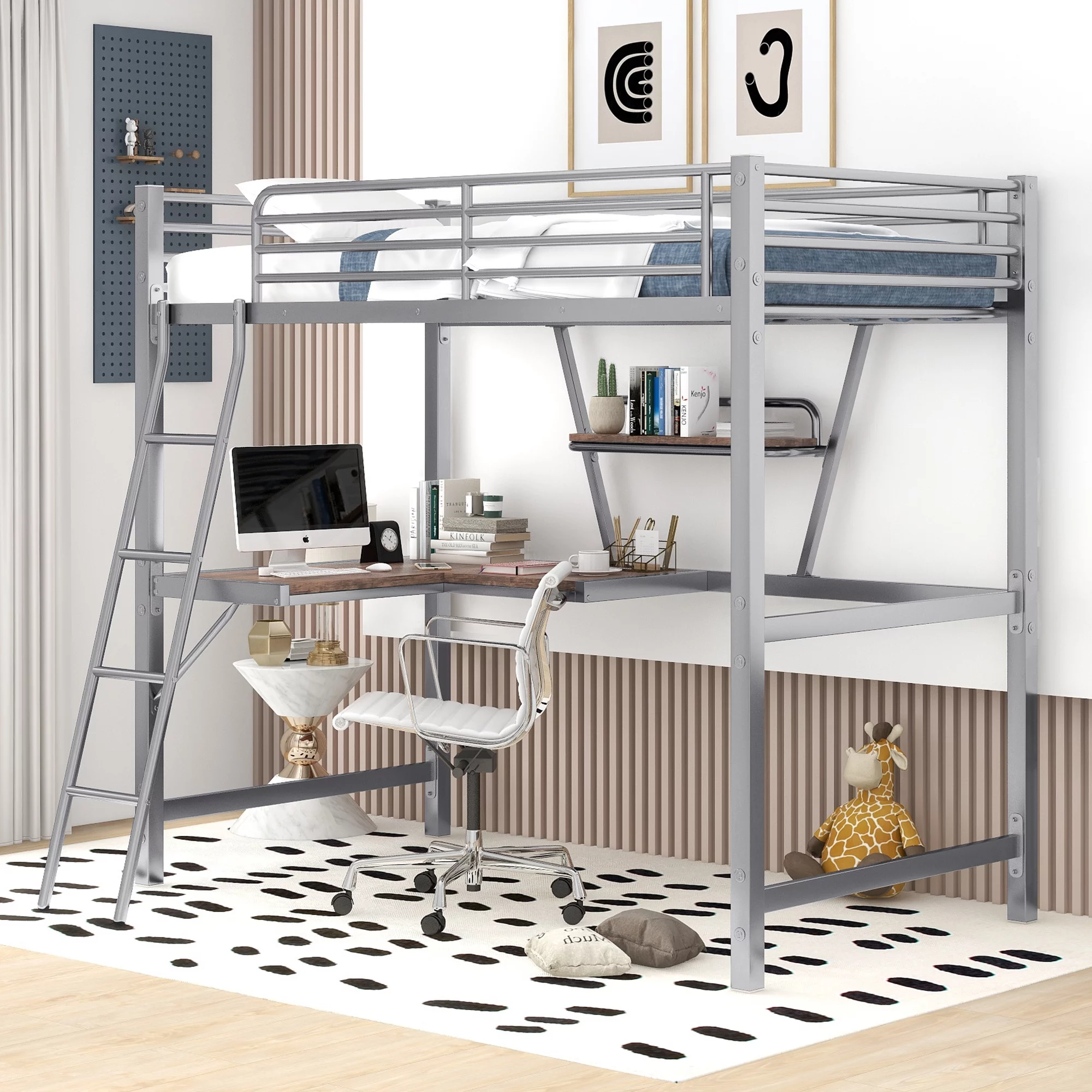 uhomepro Metal Loft Bed with MDF Desktop Desk and Shelf, Twin Bed Frame for Kids Youth Bedroom Dorm, No Box Spring Needed, Silver