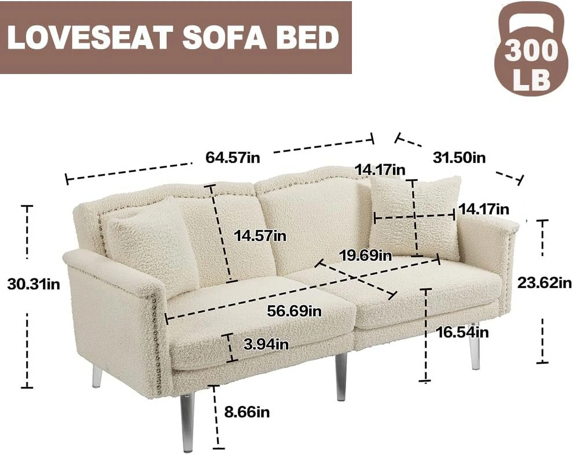 Tabaray Sofa Bed Full,Futon Couch Bed, Teddy Fabric Loveseat with Acrylic Legs,Rivet,Convertible Couch Bed for Living Room, Small Spaces, Bedroom (White Teddy)