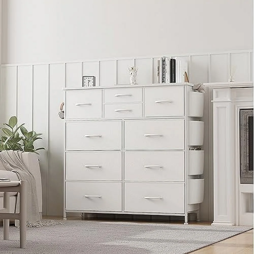 NLIBOOMLife 10 Drawer Dresser  Chest of Drawers for Bedroom  PU Baby Dresser with Side Pockets  Hooks  Wooden Top and Sturdy Metal Frame for Living Room  Closet  Hallway  Nursery (Black)