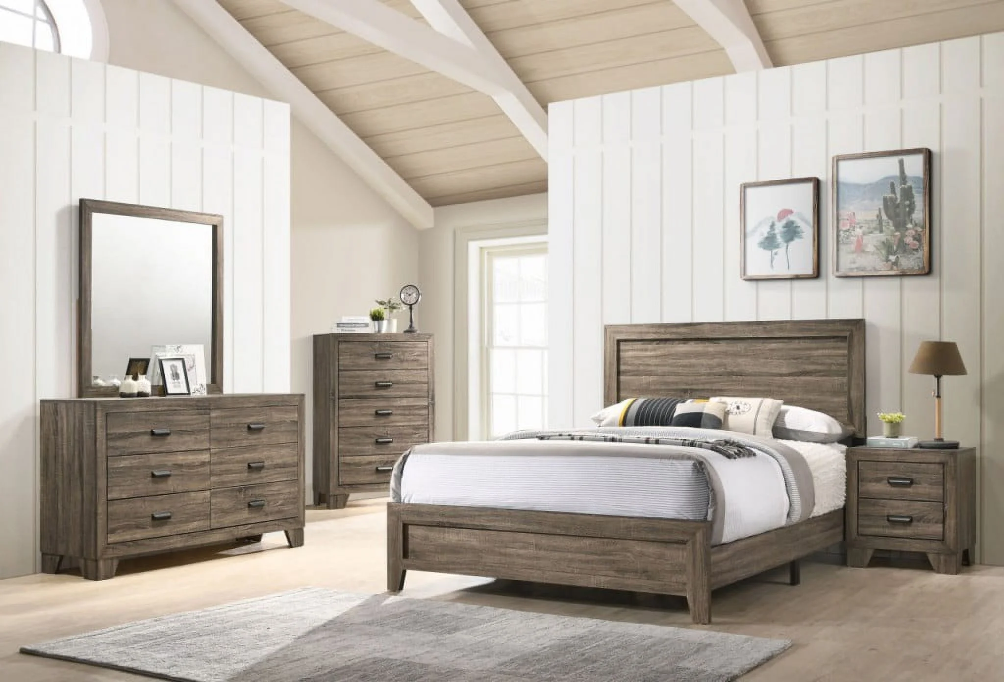 Traditional Grey Color Panel Bed Dresser Mirror Nightstand Set 4 Piece Queen Size Bedroom