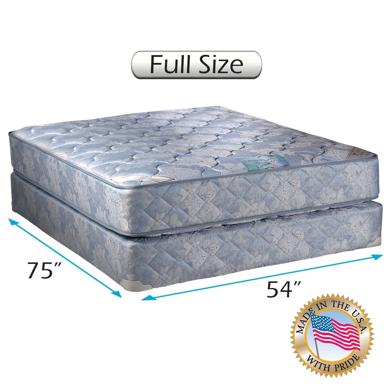 DS USA Chiro Premier 2-Sided Orthopedic (Blue) Full Mattress Set with Metal Bed Frame - Premium Edge Guards, Spine Support, Superior Quality & Long Lasting Comfort