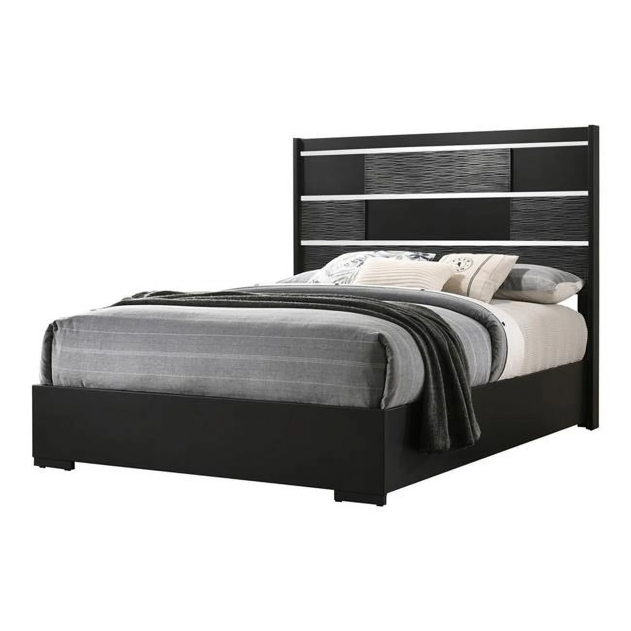 Benjara BM302864 Mirror Accents Chambered Trim On Headboard Reza King Size Panel Bed, Black & Chrome