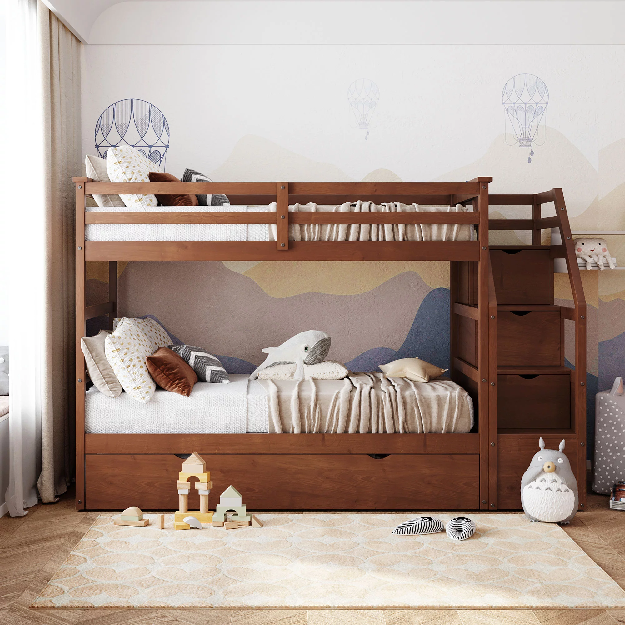 CoSoTower Twin-Over-Twin Bunk Bed With Twin Size Trundle And 3 Storage Stairs, Walnut