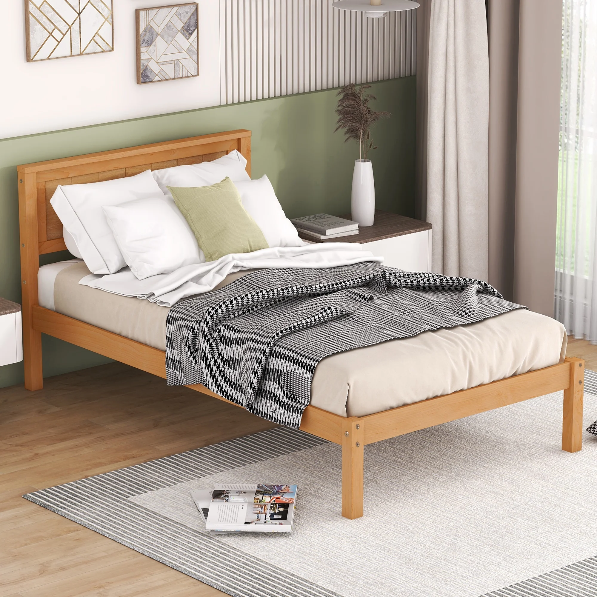 Euroco Twin Platform Bed, Modern Wood Frame Bed with Headboard and Slats for Kids Room, No Box Spring Needed, Oak