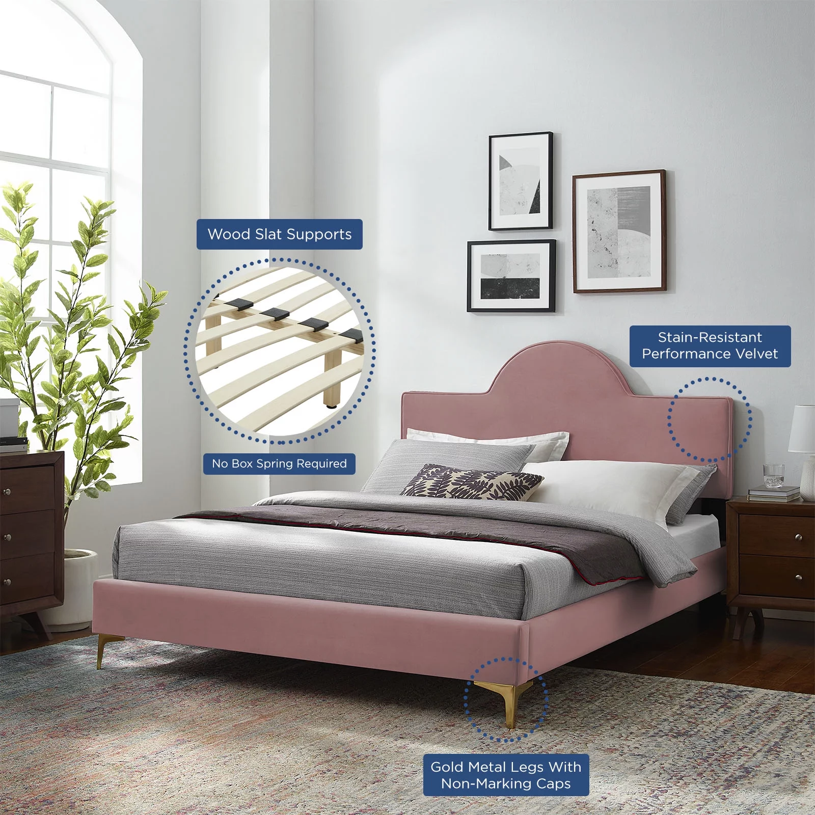 Platform Bed Frame, King Size, Pink, Velvet, Modern Contemporary, Bedroom Master Guest Suite Room