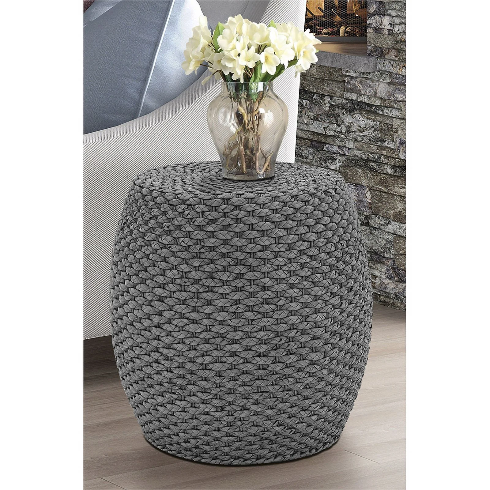 Gallerie Decor Fiji Transitional Hyacinth Wood Drum Side Table in Gray