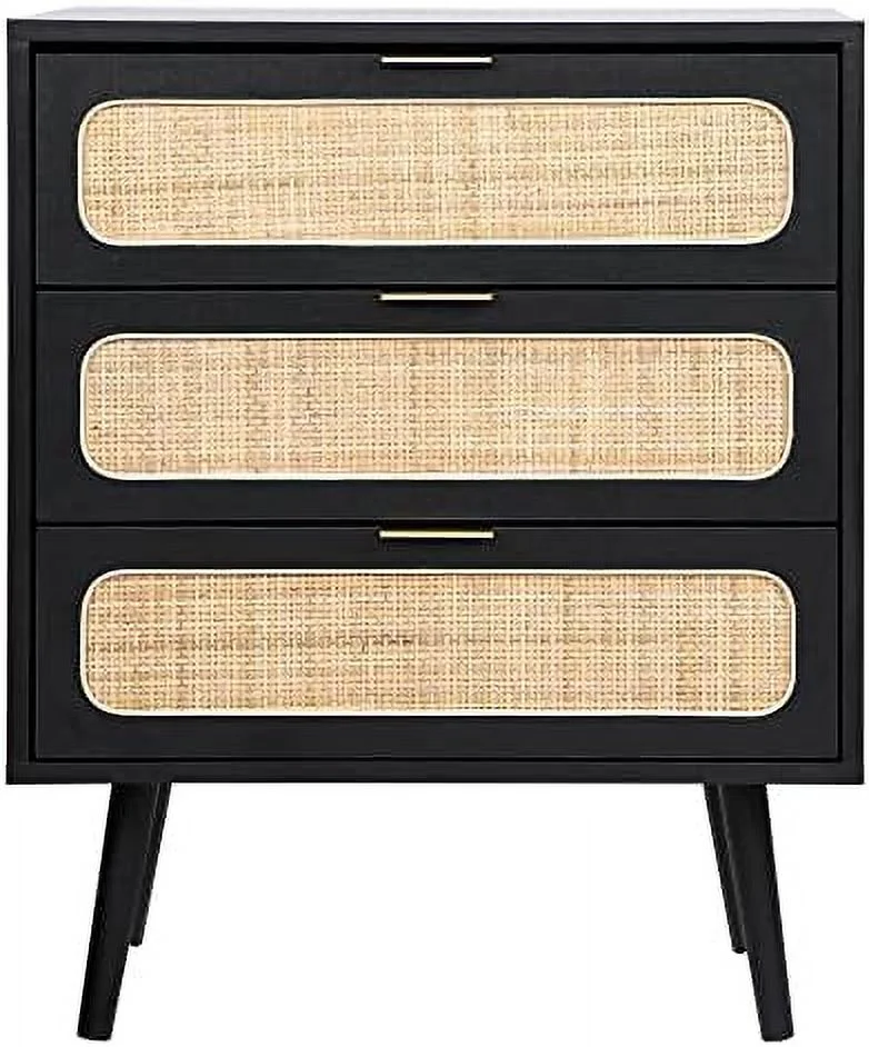 TJUNBOLIFE 2 Sets of Rattan Nightstand Dresser Chest of 3 Drawers  Wood  Dresser Cabinet Organizer Unit for Bedroom Living Room Closet Office(Black)