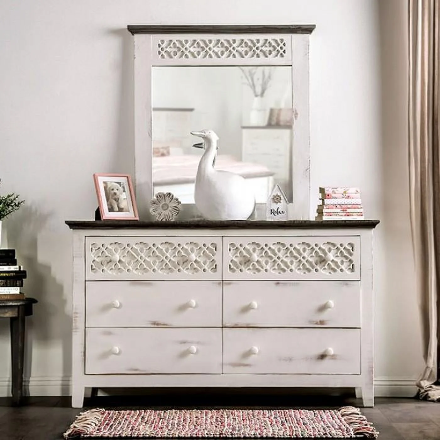 Rustic Vintage Ivory Solid Wood Dresser w/Mirror FOA EM7079IV-D Myrtlemoore
