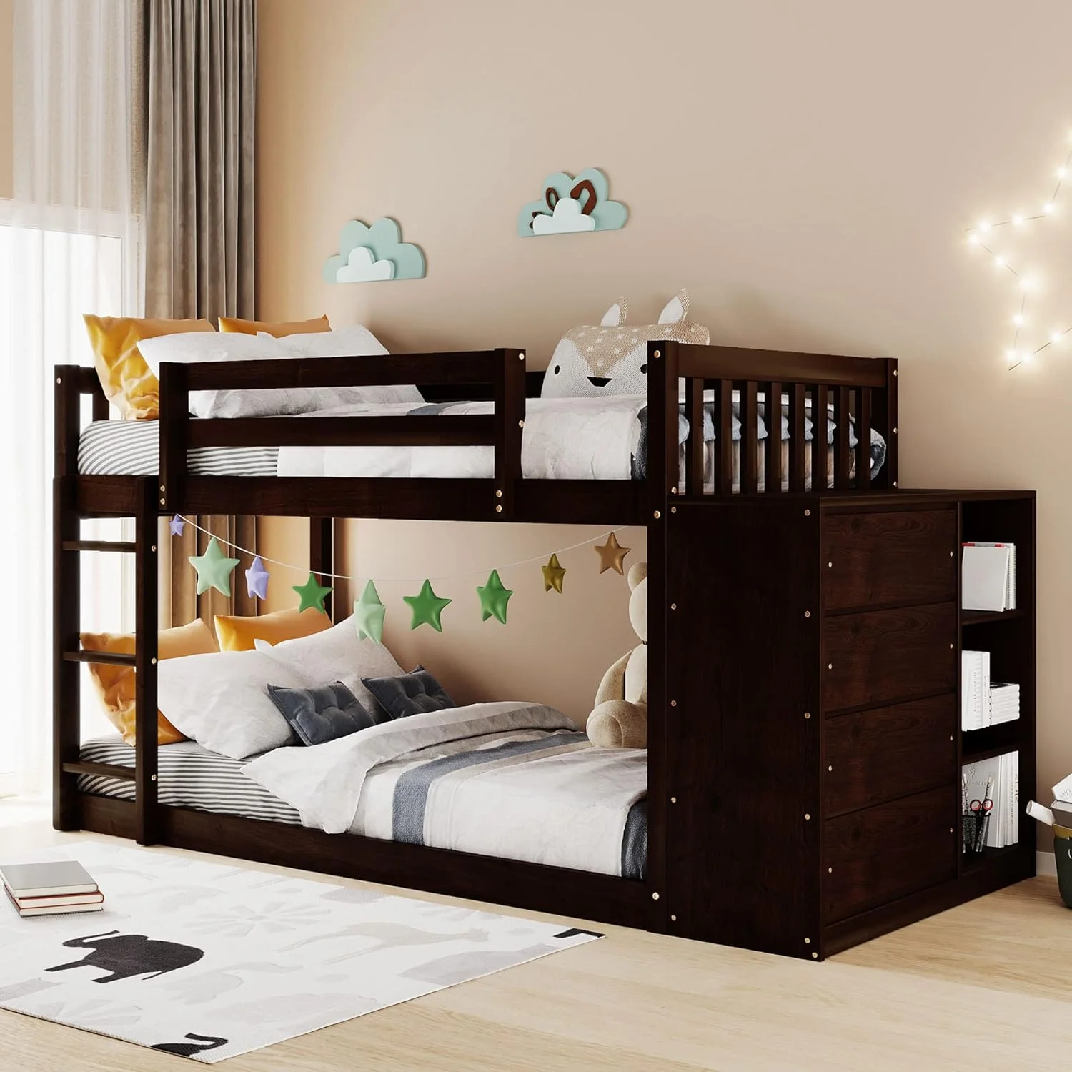 Bunk Bed Over With Storage, Wood Floor Bunk Beds With 4 Drawers And 3 Shelves For Kids, Low Multi Storage Bunk Beds Frame For Kids, Teens, Adults (Espresso)