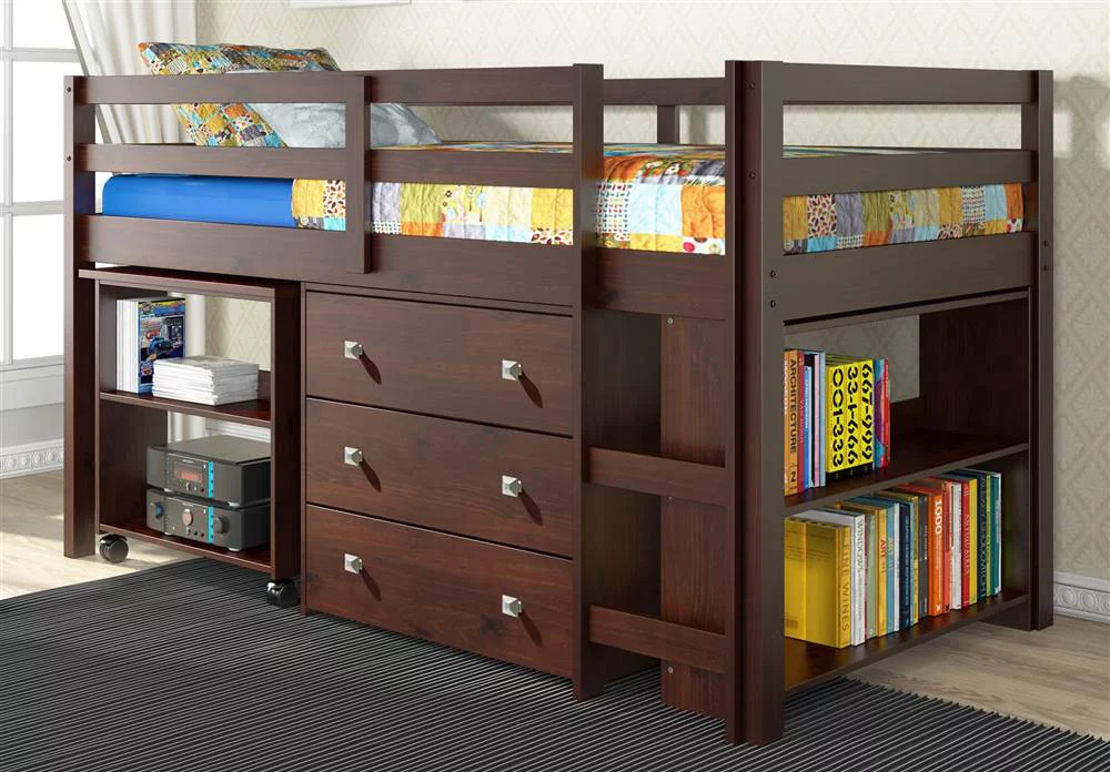 Twin Low Study Loft Bed with Desk in Dark Cappuccino