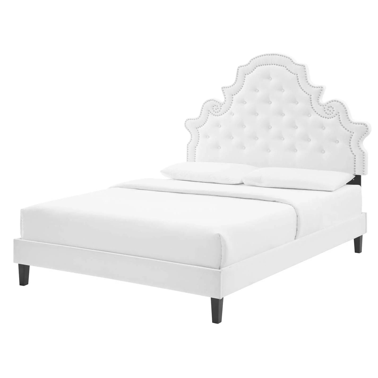 Tufted Platform Bed Frame, King Size, Velvet, White, Modern Contemporary Urban Design, Bedroom Master Guest Suite