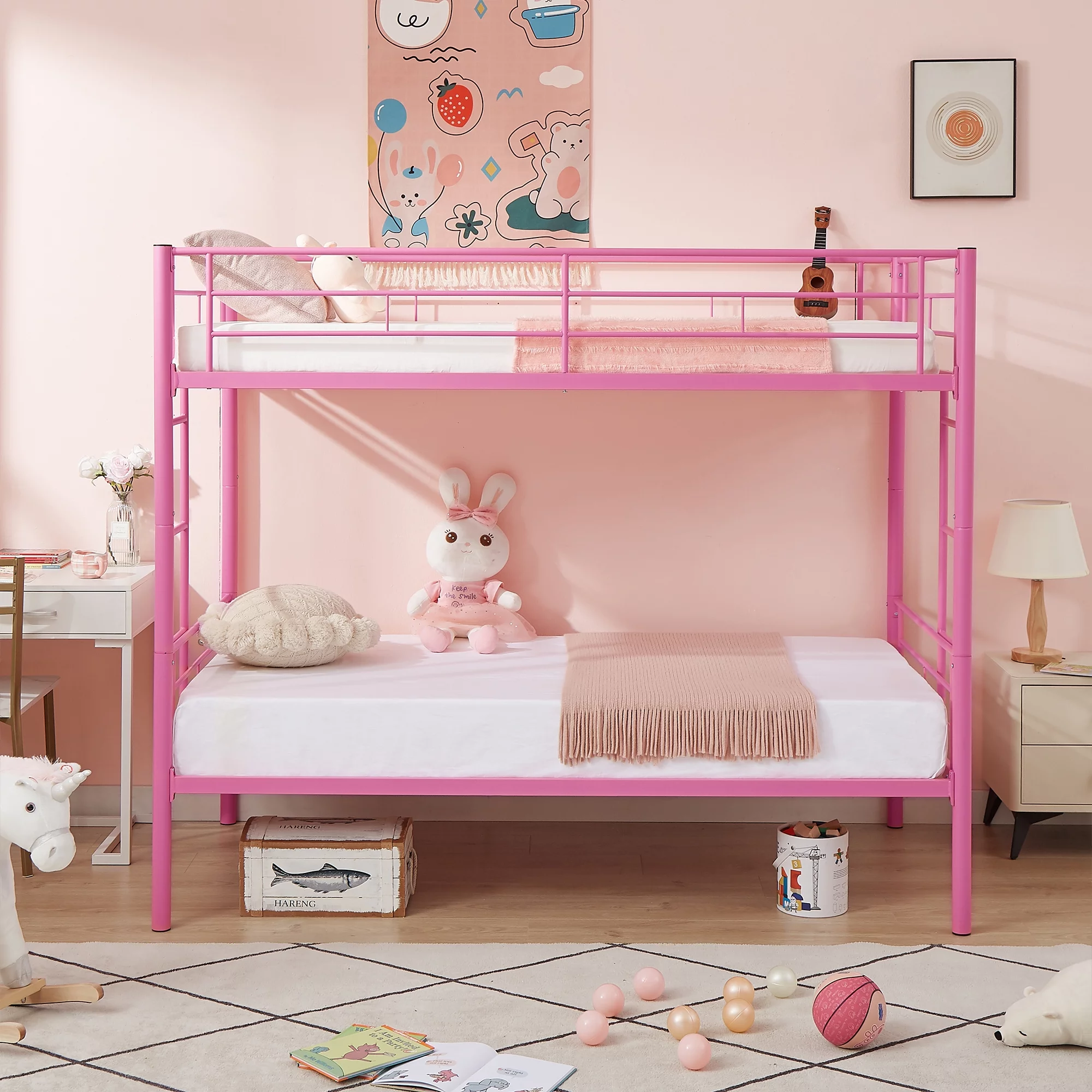 VECELO Metal Bunk Bed Twin Over Twin Size with Double Sided Ladder and Full-Length Guardrail, Heavy Duty Metal Bed Frame for Kids Boys Girls Teens Adults, No Box Spring Needed, Pink