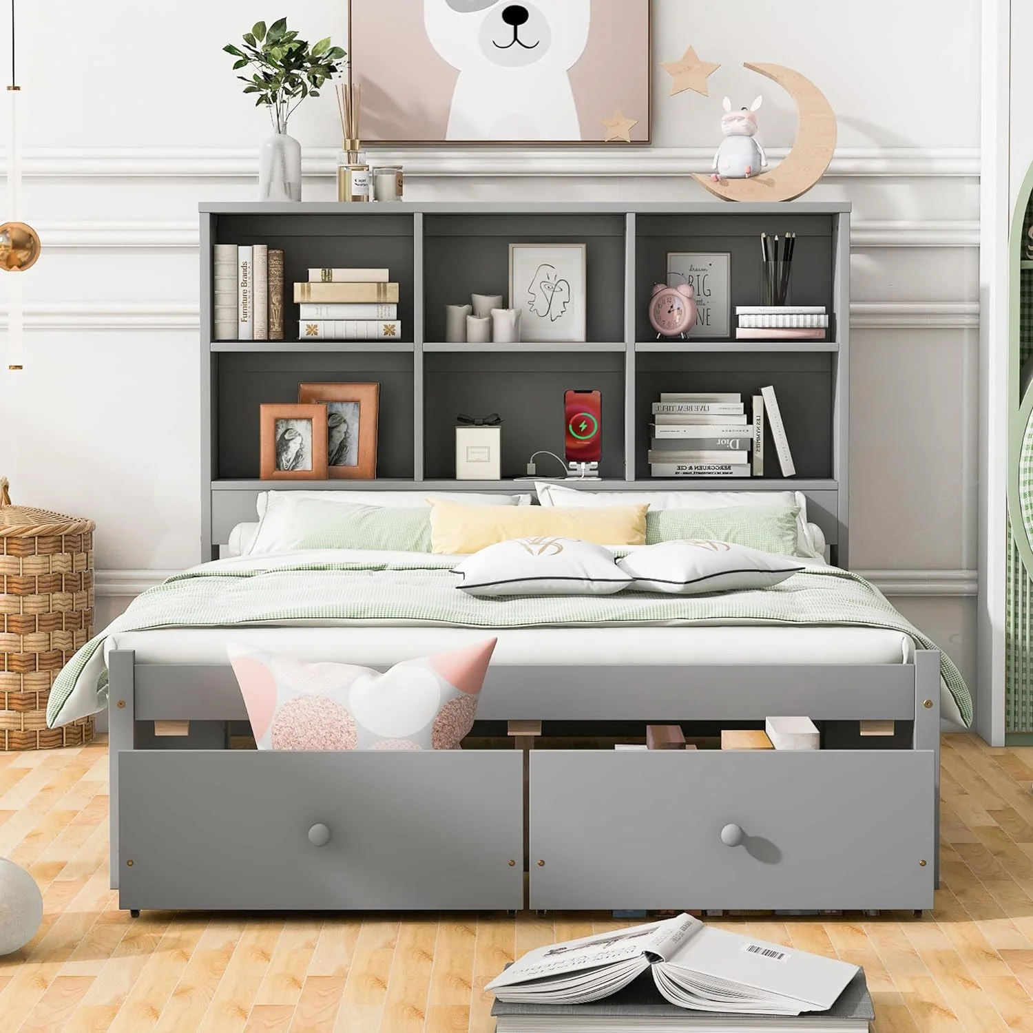 Full Size Storage Bed With Bookcase Headboard Ad 2 Drawers, Wood Platform Bed Frame With Chargig Statio, For Kids Tees Adults, o Box Sprig eeded, Gray