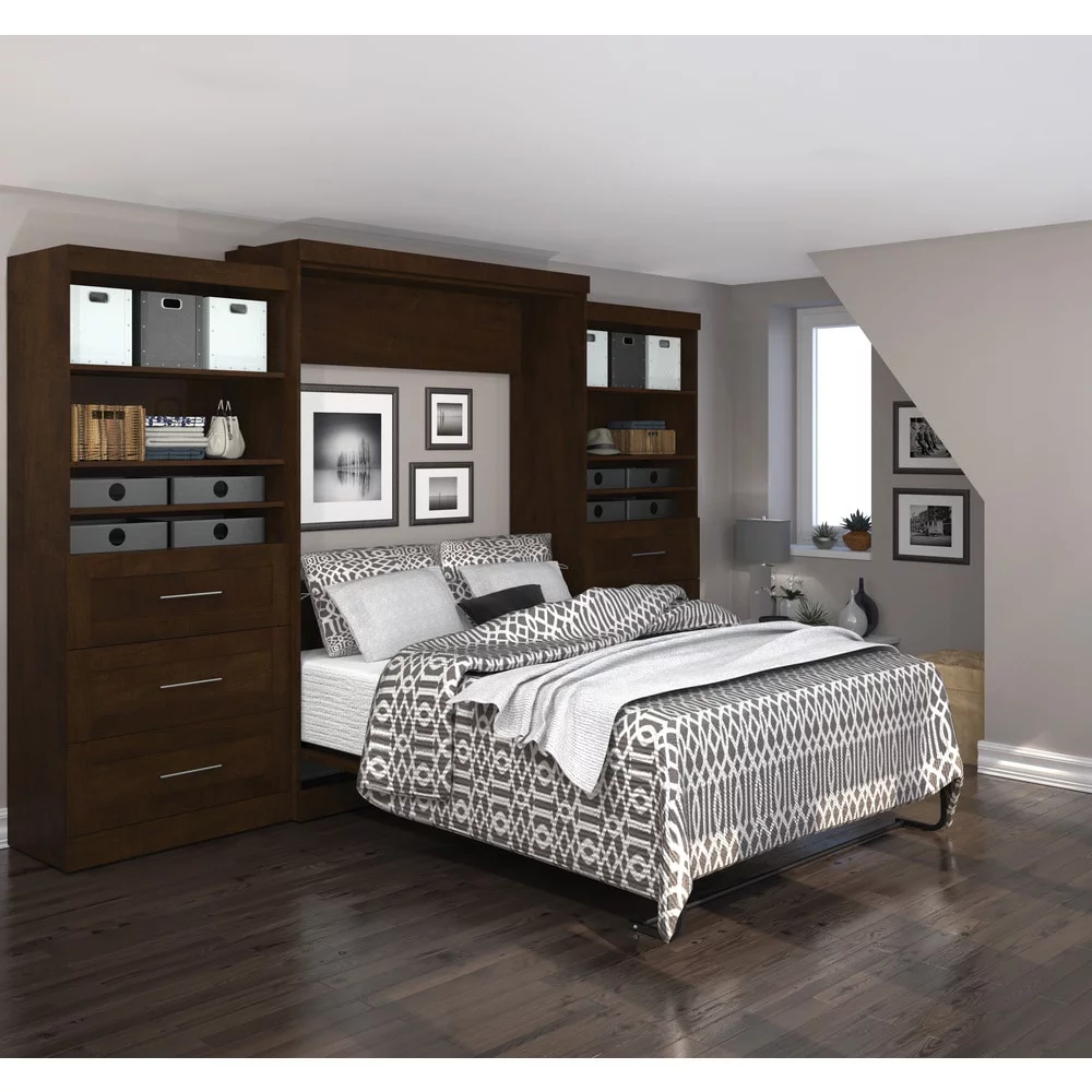 Bestar Pur Queen Murphy Bed and 2 Shelving Units w/Drawers(136W) in Rustic Brown