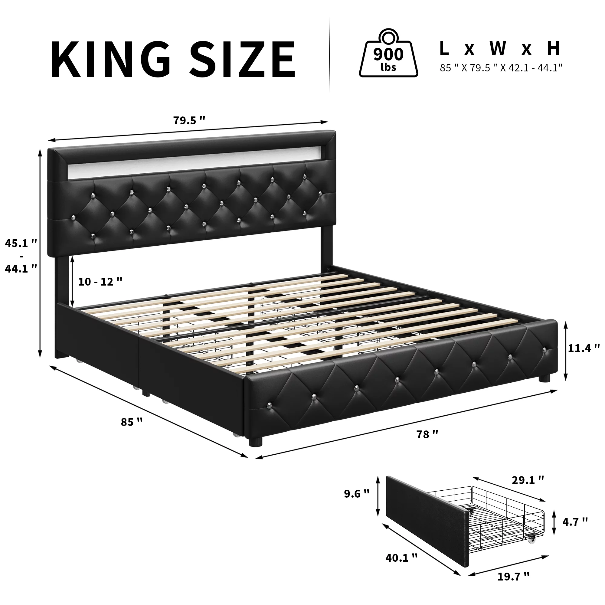 Homfa King LED Bed Frame with 4 Storage Drawer, Upholstered Platform Bed with Adjustable Crystal Button Tufted Headboard, Black
