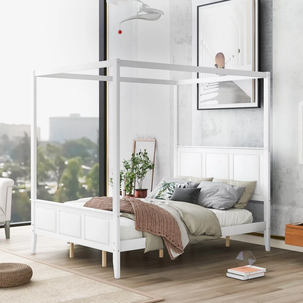 Queen Size Canopy Platform Bed with Headboard and Footboard, Cosymart Slat Support Leg, White