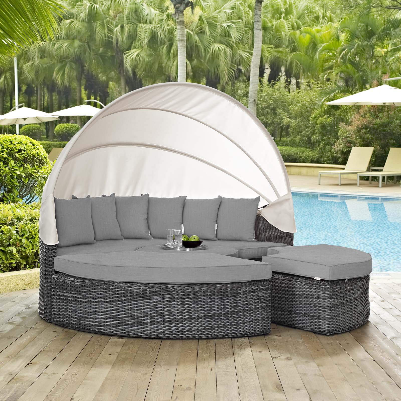 Modern Contemporary Urban Design Outdoor Patio Balcony Garden Furniture Lounge Daybed Sofa Bed, Sunbrella Rattan Wicker, Grey Gray