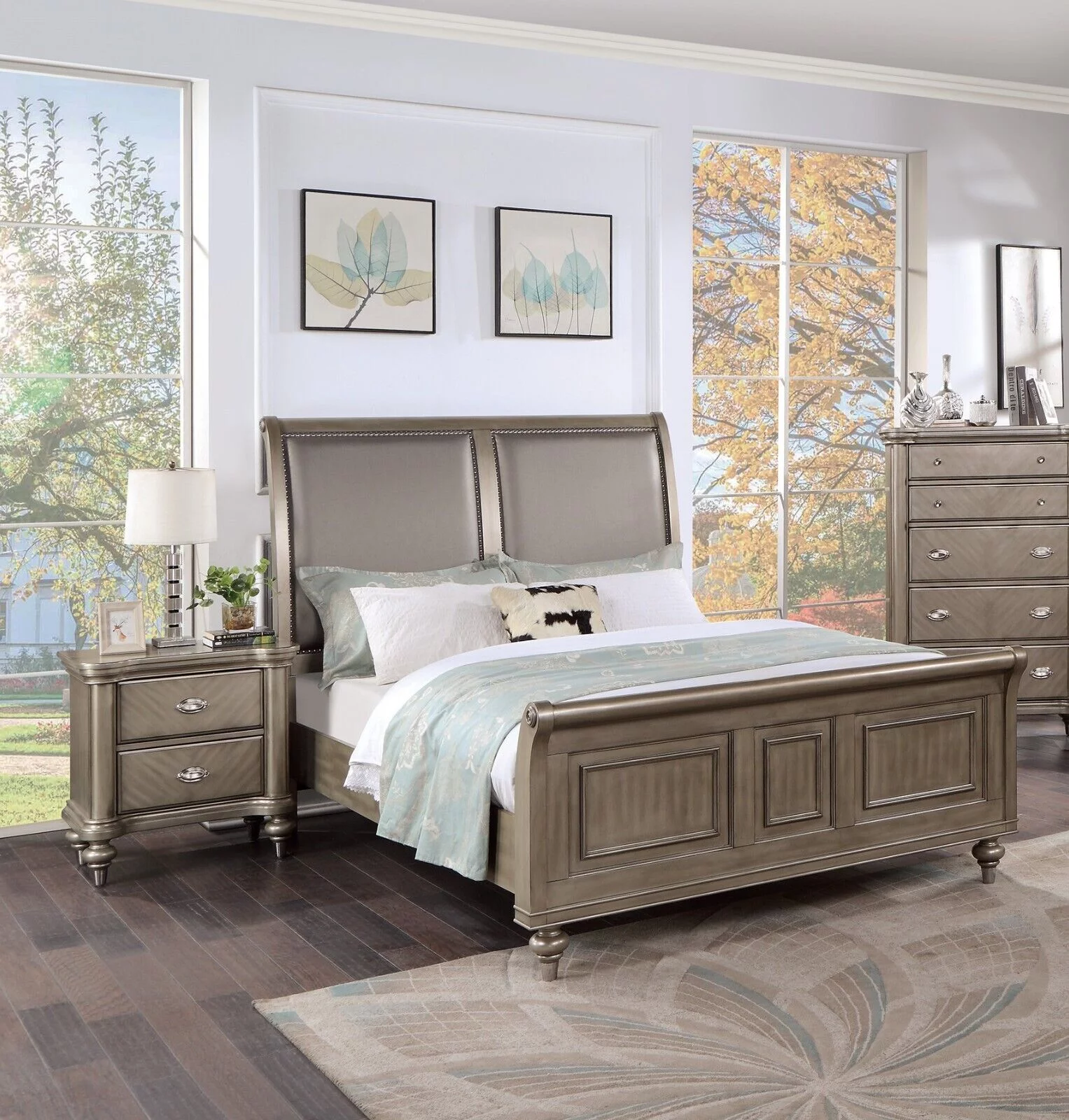 Queen Size Bed And 2x Nightstands Grey Finish Upholstered HB Bedroom Furniture 3pc Set Gorgeous Classic Luxury Wooden Veneer