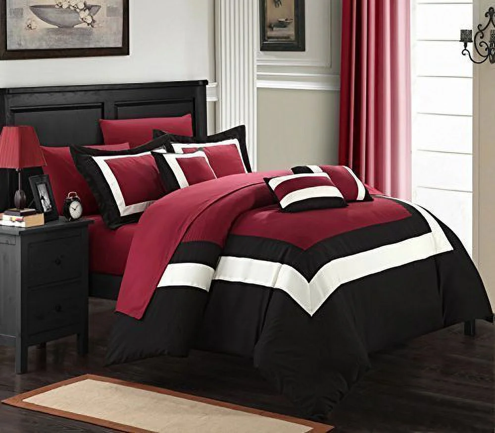 Chic Home  Duke Pieced Color Block Bed in a Bag Comforter Set with Sheets - Red - King - 10 Piece