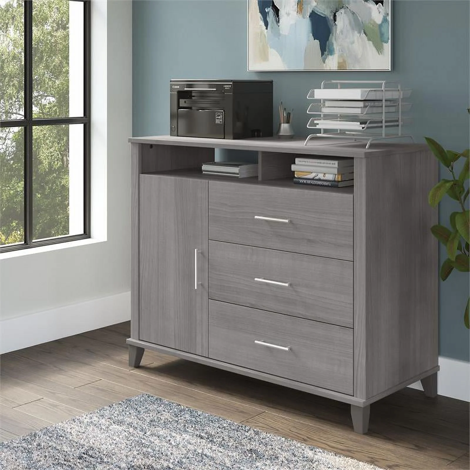 Pemberly Row Office Storage Credenza in Platinum Gray - Engineered Wood