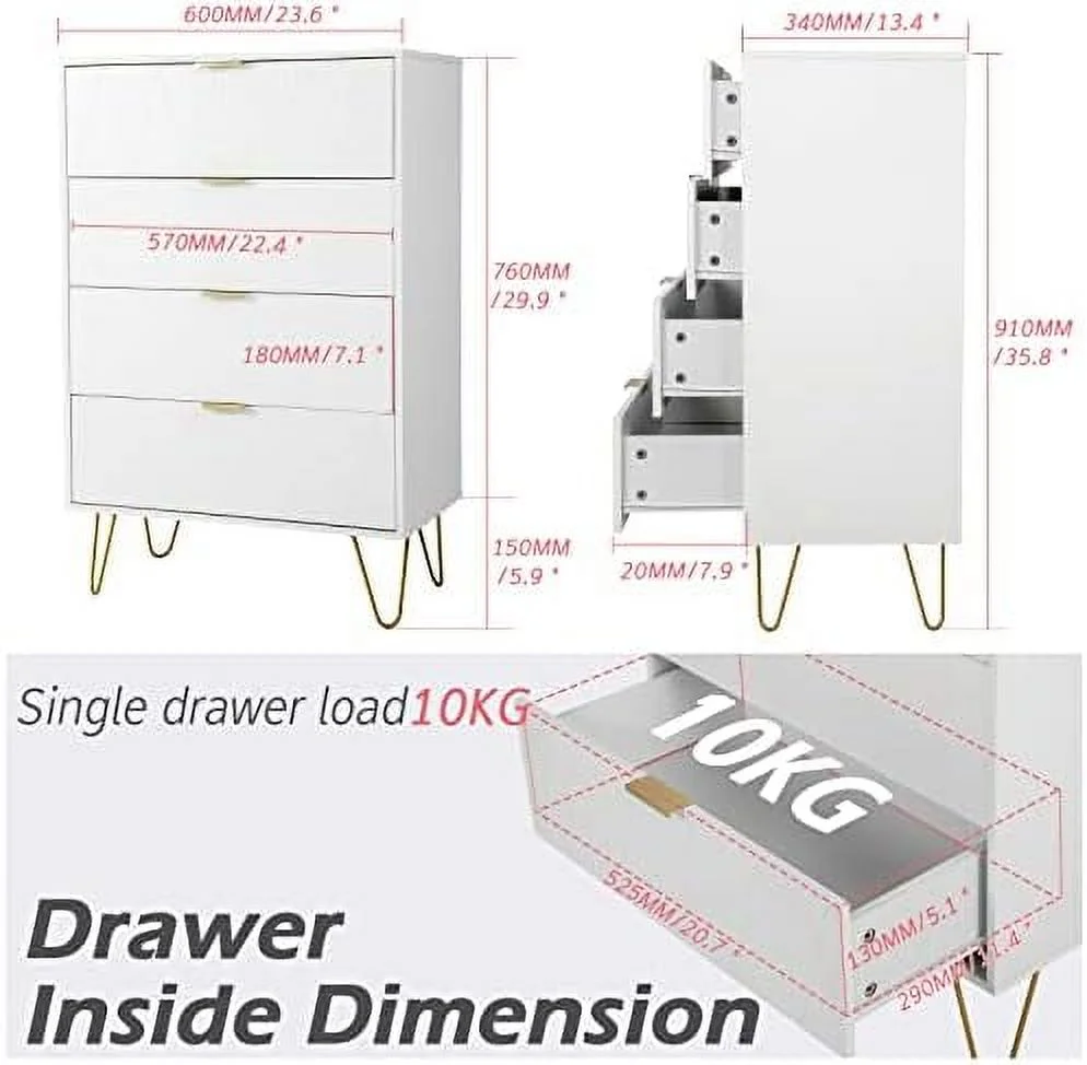 KHBIULIFE Thre' New 4 Drawer Chest Craft  Organization for Home & Office  Dresser Cabinet Office  File Cabinet with 4 Metal Legs (White)