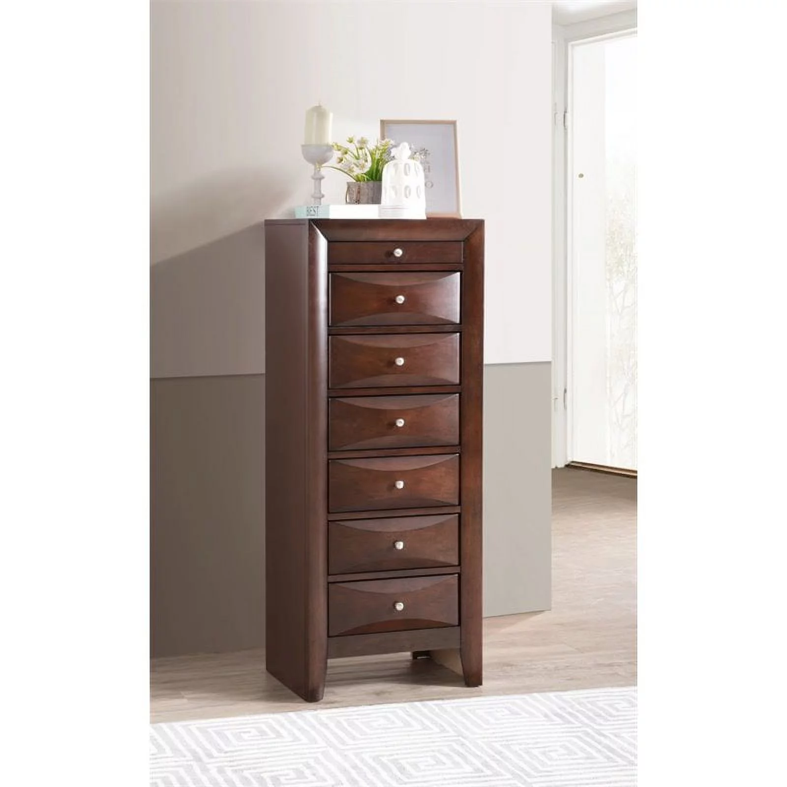 Maklaine Contemporary Engineered Wood 7 Drawer Lingerie Chest in Cappuccino