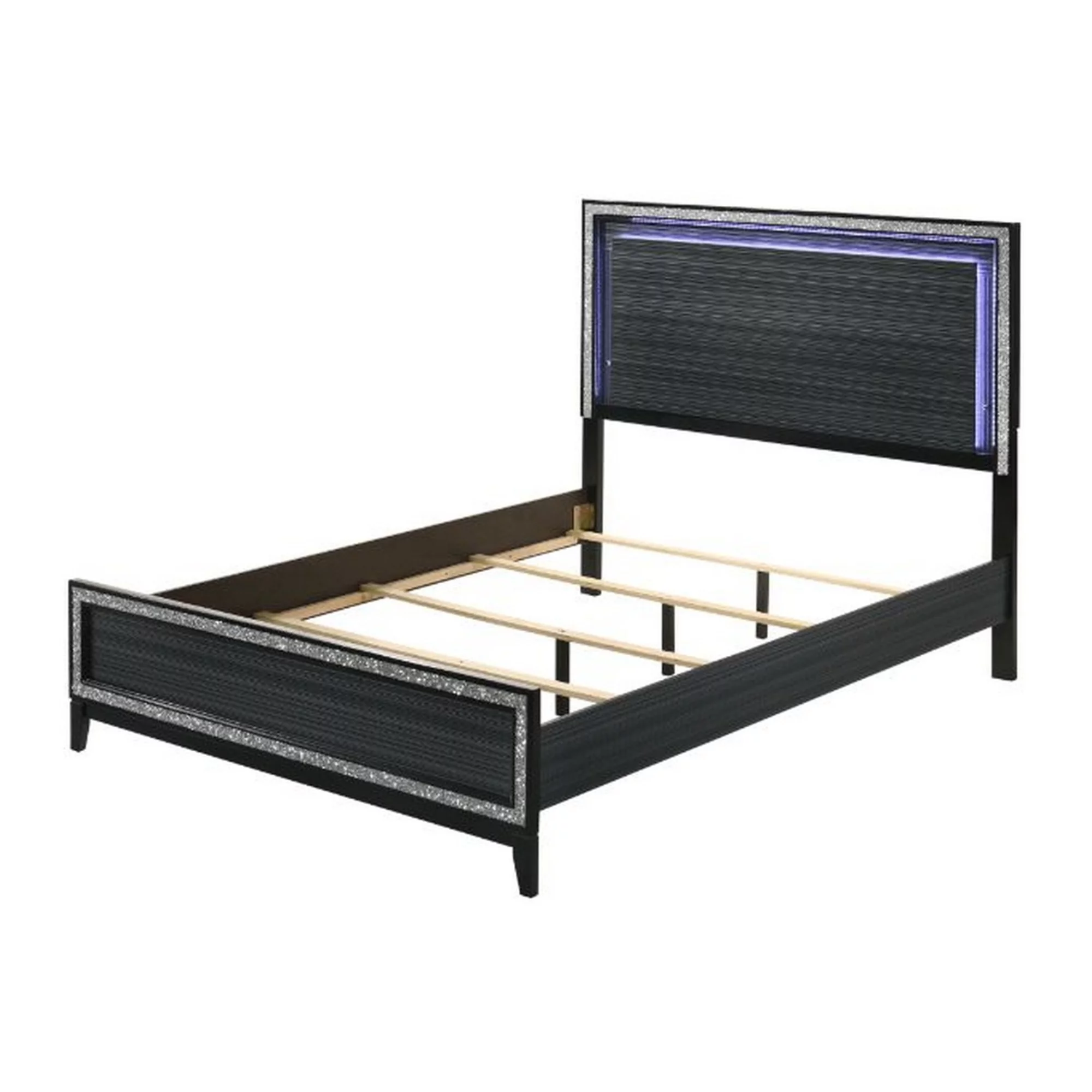 Benzara BM252736 Queen Size Bed with LED Headboard & Shimmering Trim, Black