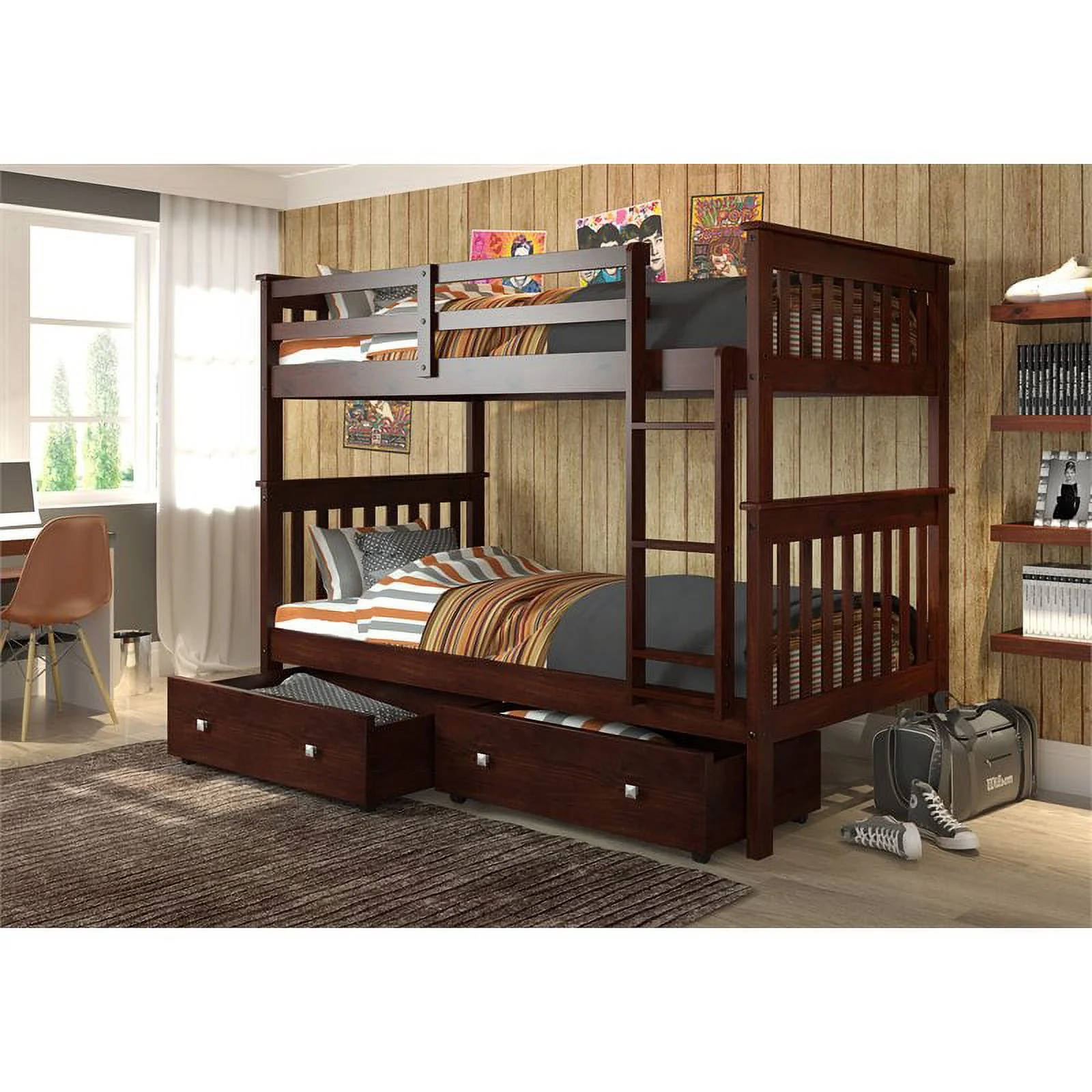 Donco Kids Twin Over Twin Solid Wood Mission Bunk Bed with Drawers in Cappuccino