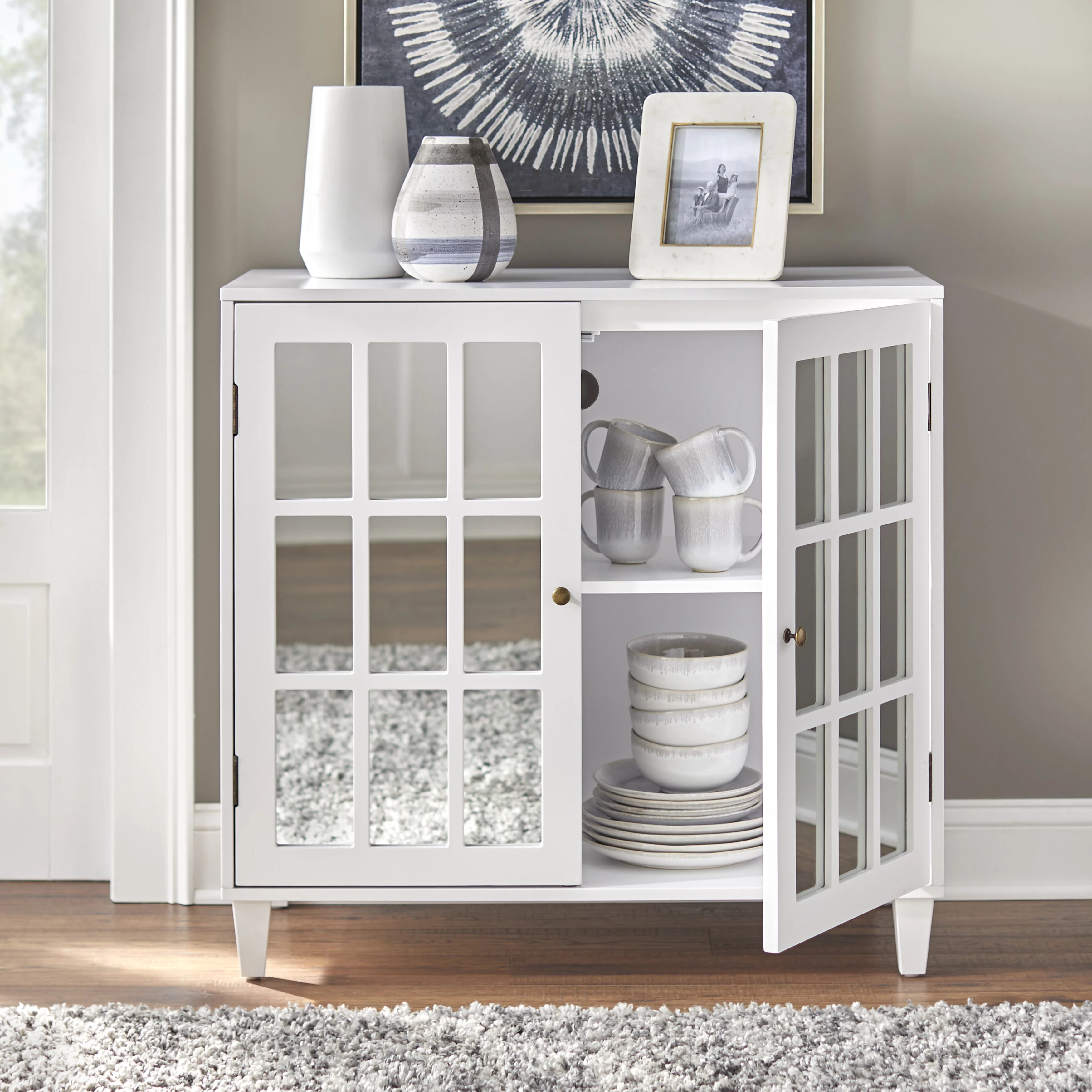 TMS Alonzo Farmhouse Mirrored Door Sideboard, 35.5” wide x 34” high, White