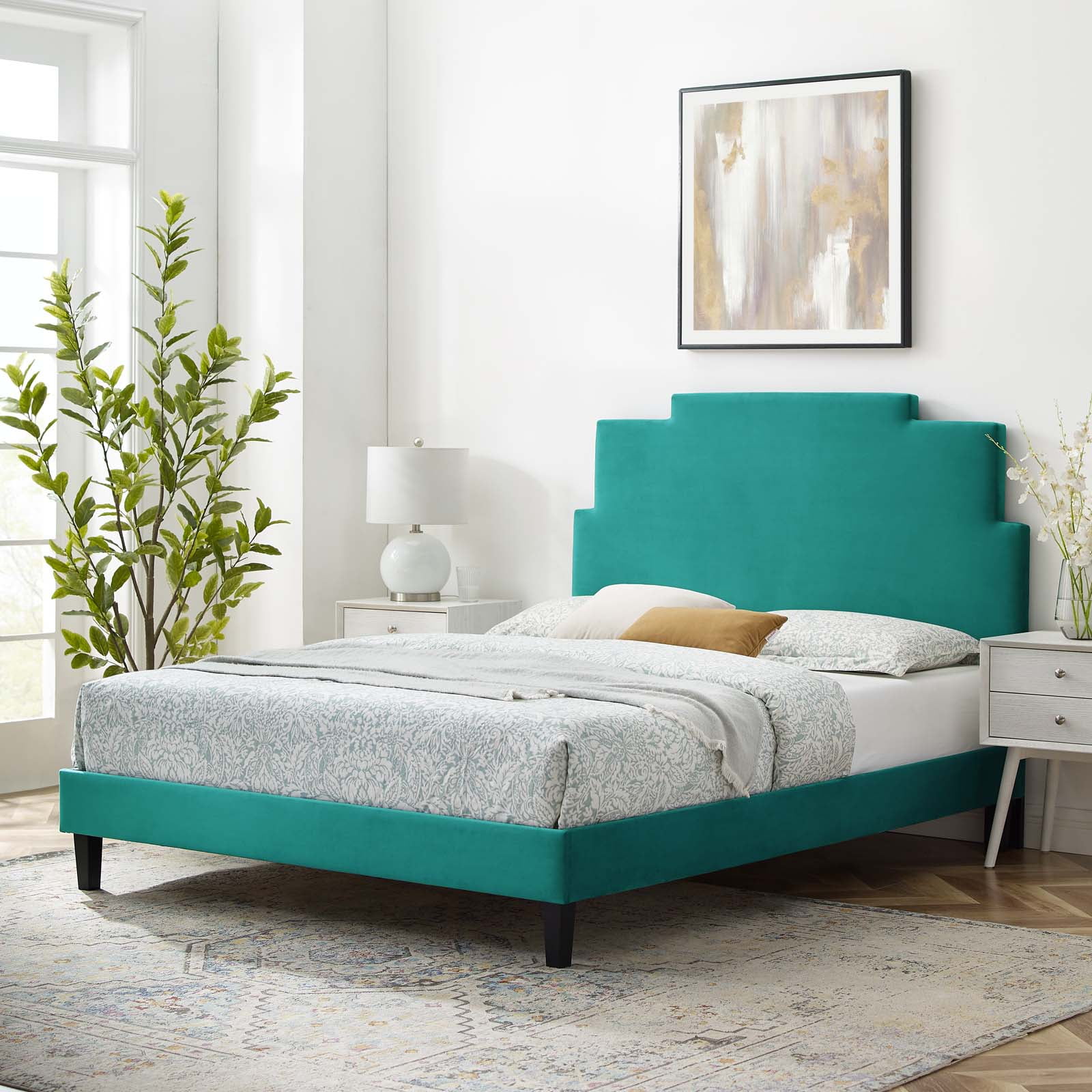 Platform Bed Frame, Twin Size, Velvet, Teal Blue, Modern Contemporary Urban Design, Bedroom Master Guest Suite