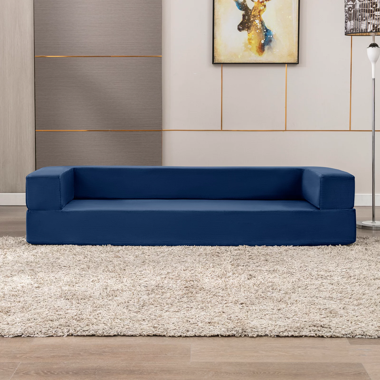 Mjkone Folding Queen Size Sleeper Sofa Bed,Convertible Sofa with Three Ottomans,Memory Foam Futon Couches,Fold Out Couch Sofa Bed,Mattress Floor Couch,Navy Blue