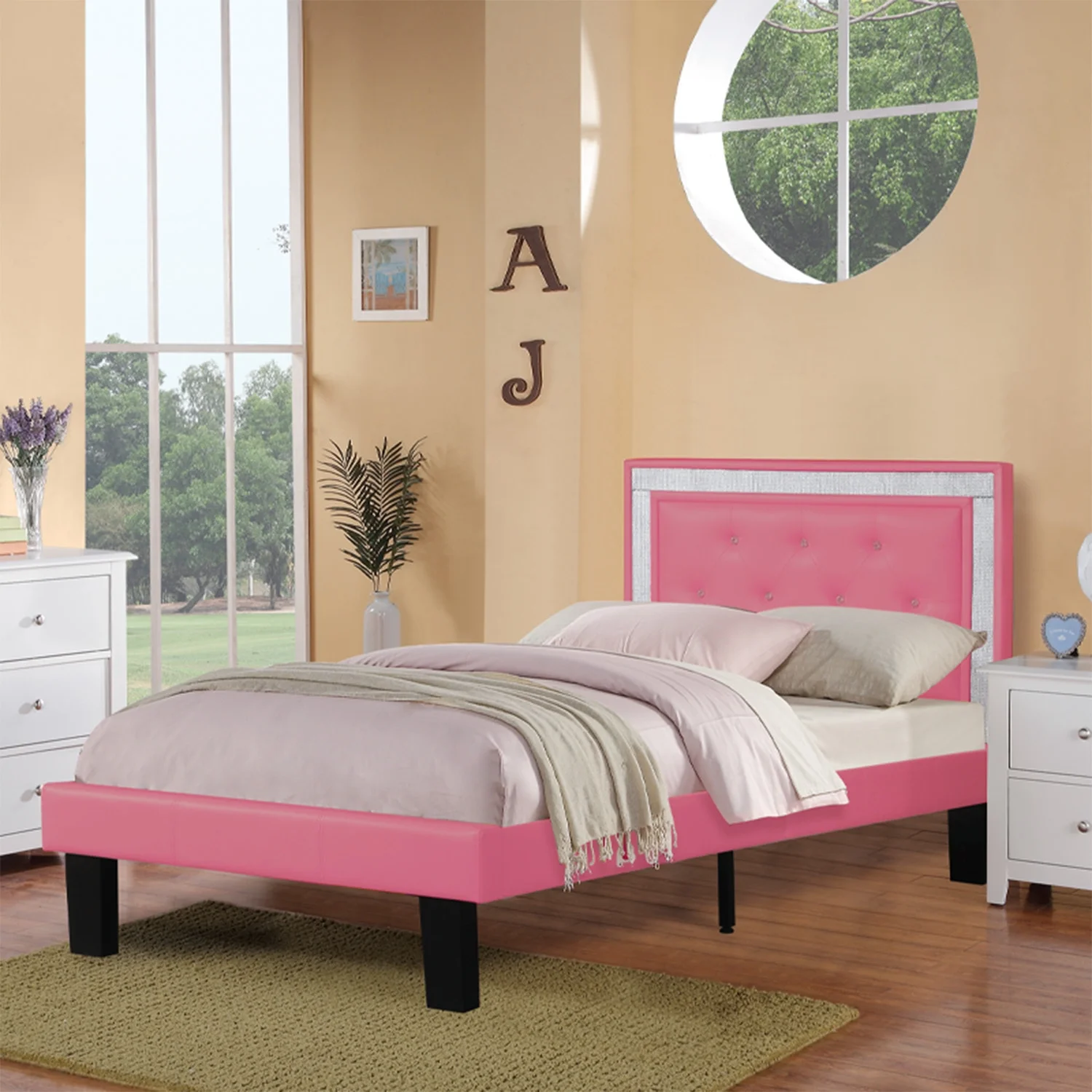 Maykoosh  Urban Upmarket Furniture Twin Faux Leather Bed Frame with Slats in Pink